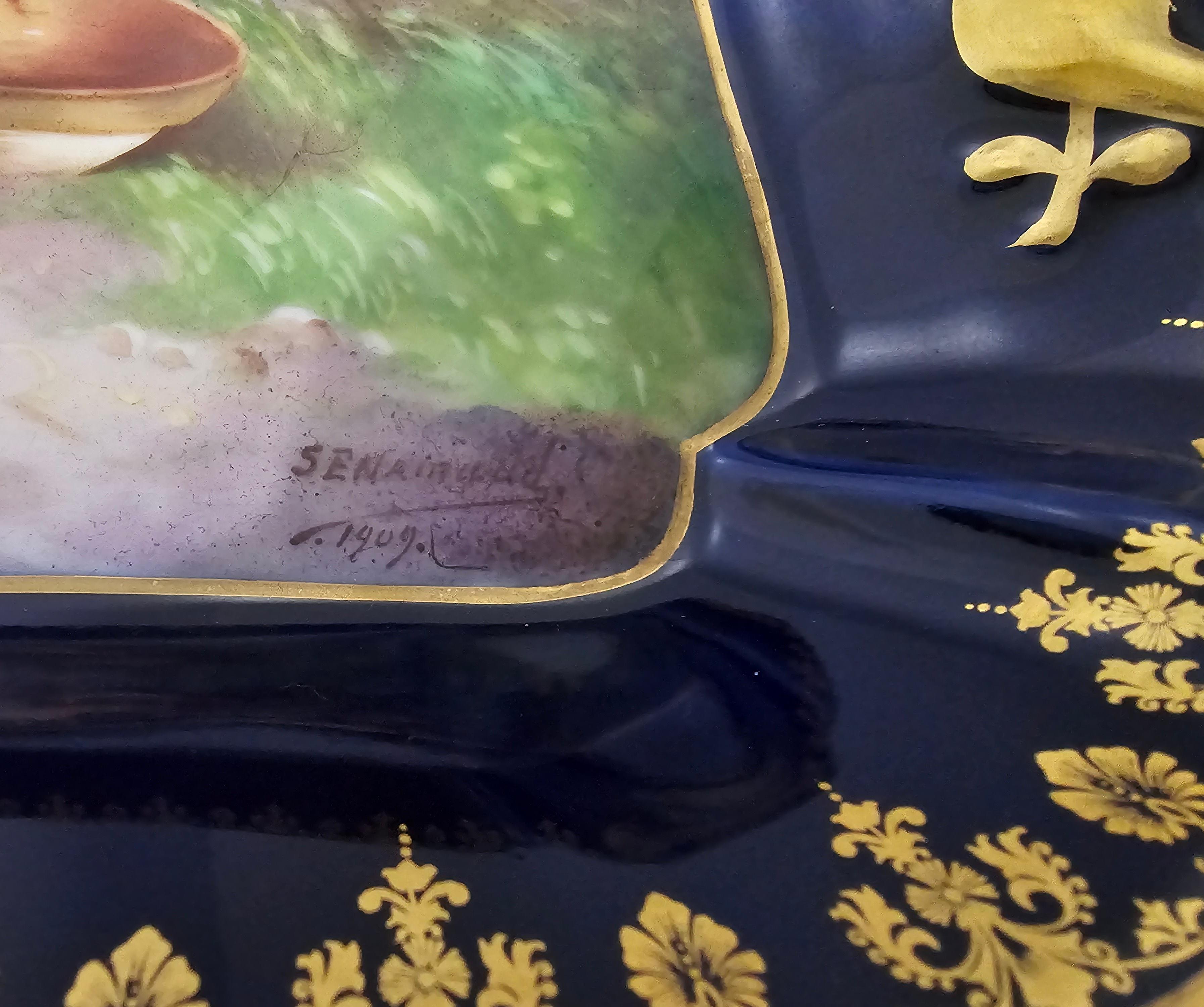 1909 Limoges Hand-Painted Blue Cobalt and Double Gilt Decorated Platter, Signed In Good Condition For Sale In Germantown, MD