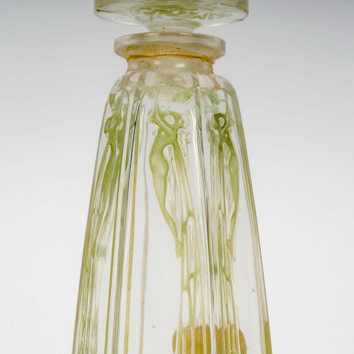 Blown Glass 1909 René Lalique Perfume Bottle Cyclamen for Coty Glass Green Patina with Box For Sale