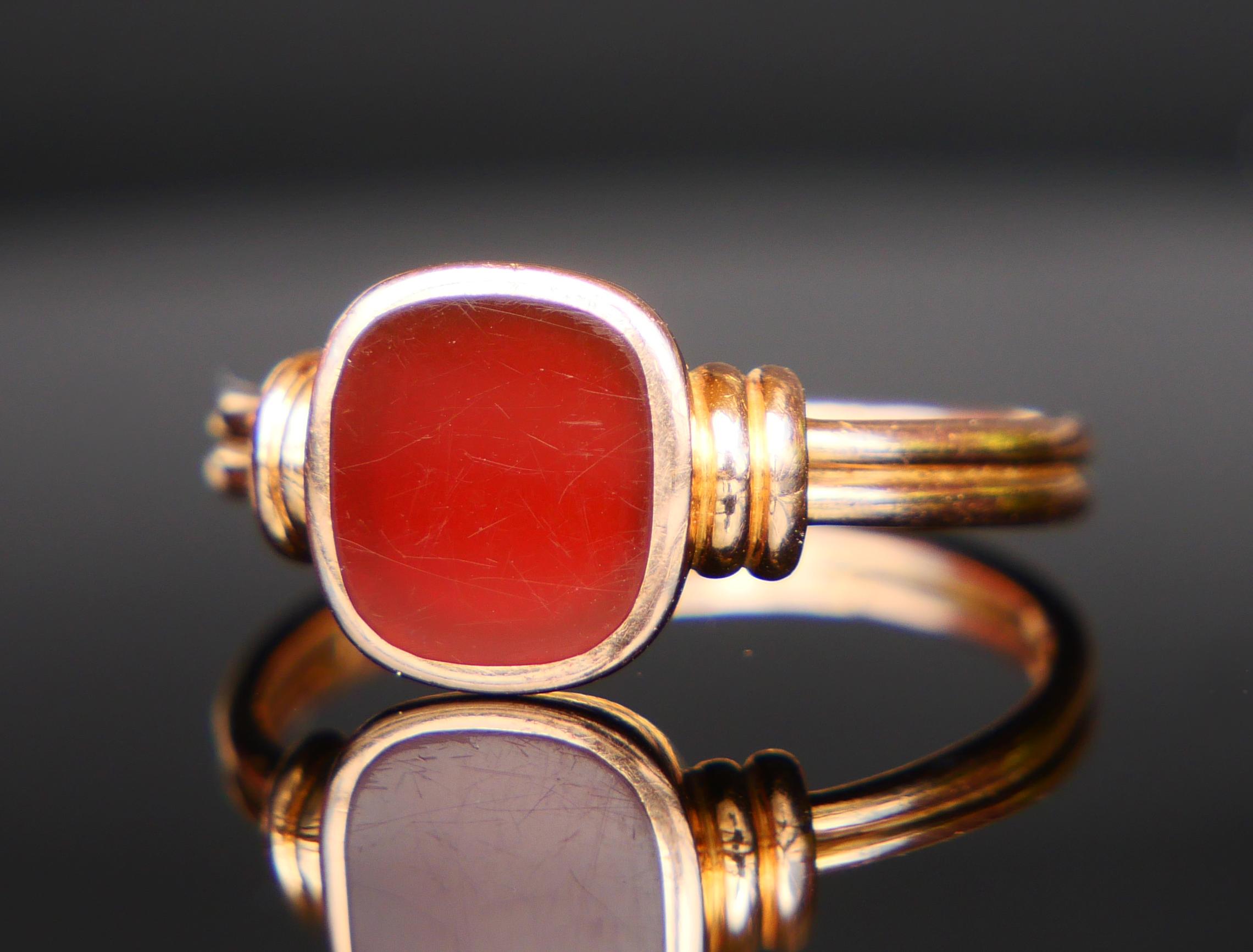 Art Nouveau 1909 Signet Unisex Ring Carnelian solid 18K Gold ØUS7.25 /3.53gr