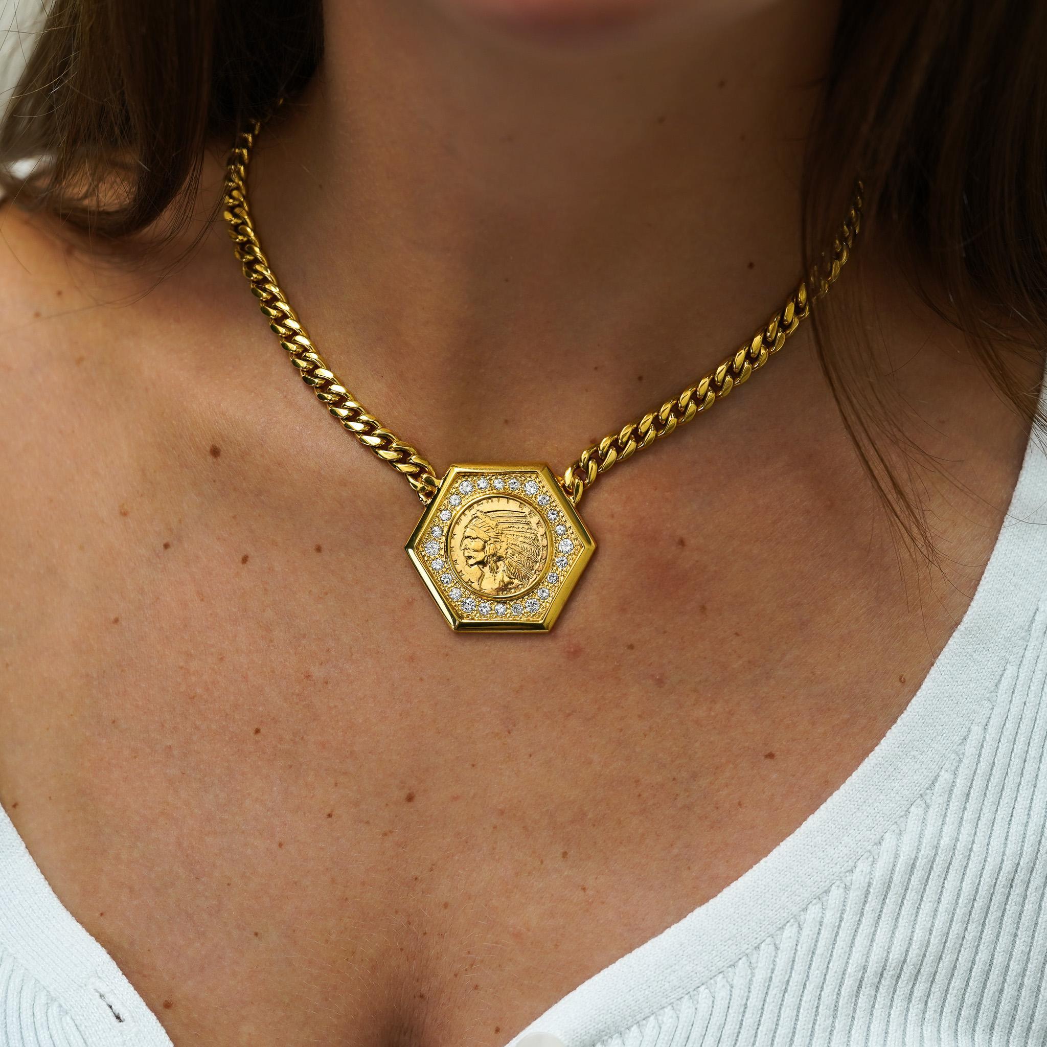 Collier avec pendentif en or en forme de pièce de 5 $ 1909 US Indian Head, or 14K avec diamants en vente 4