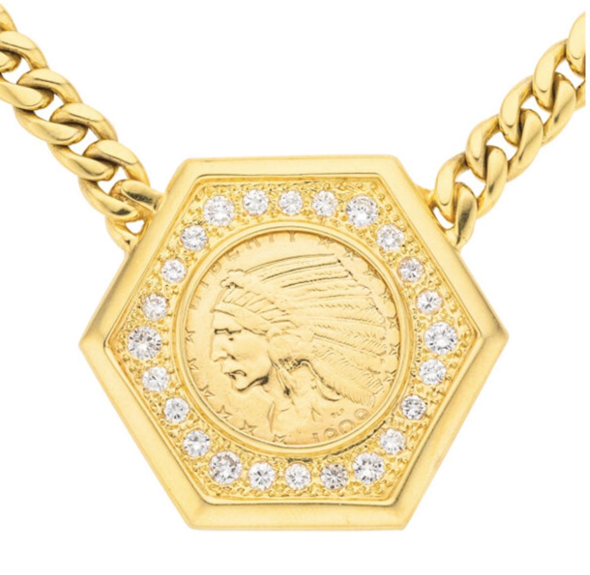 Collier avec pendentif en or en forme de pièce de 5 $ 1909 US Indian Head, or 14K avec diamants en vente 5