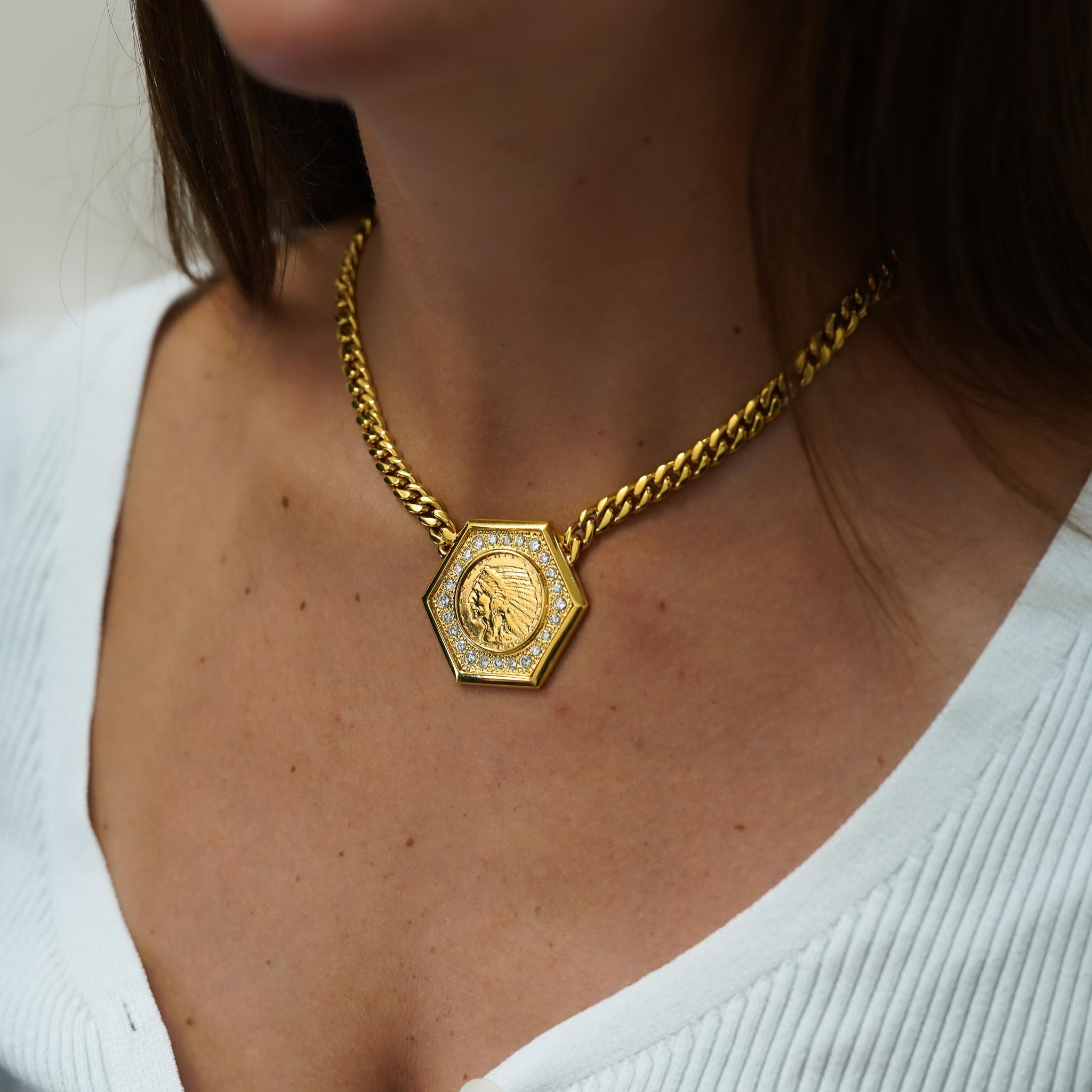 Collier avec pendentif en or en forme de pièce de 5 $ 1909 US Indian Head, or 14K avec diamants en vente 6