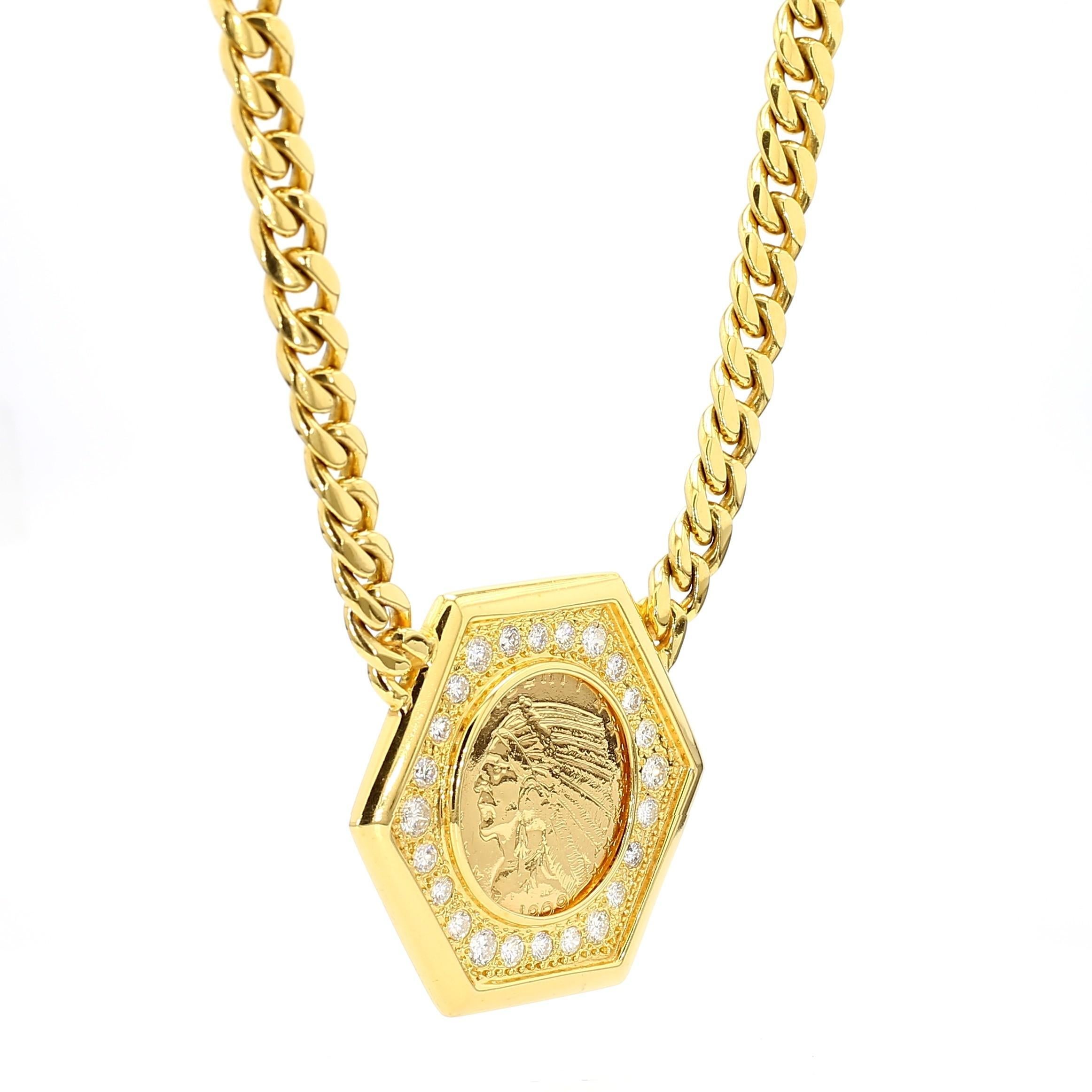 Art déco Collier avec pendentif en or en forme de pièce de 5 $ 1909 US Indian Head, or 14K avec diamants en vente