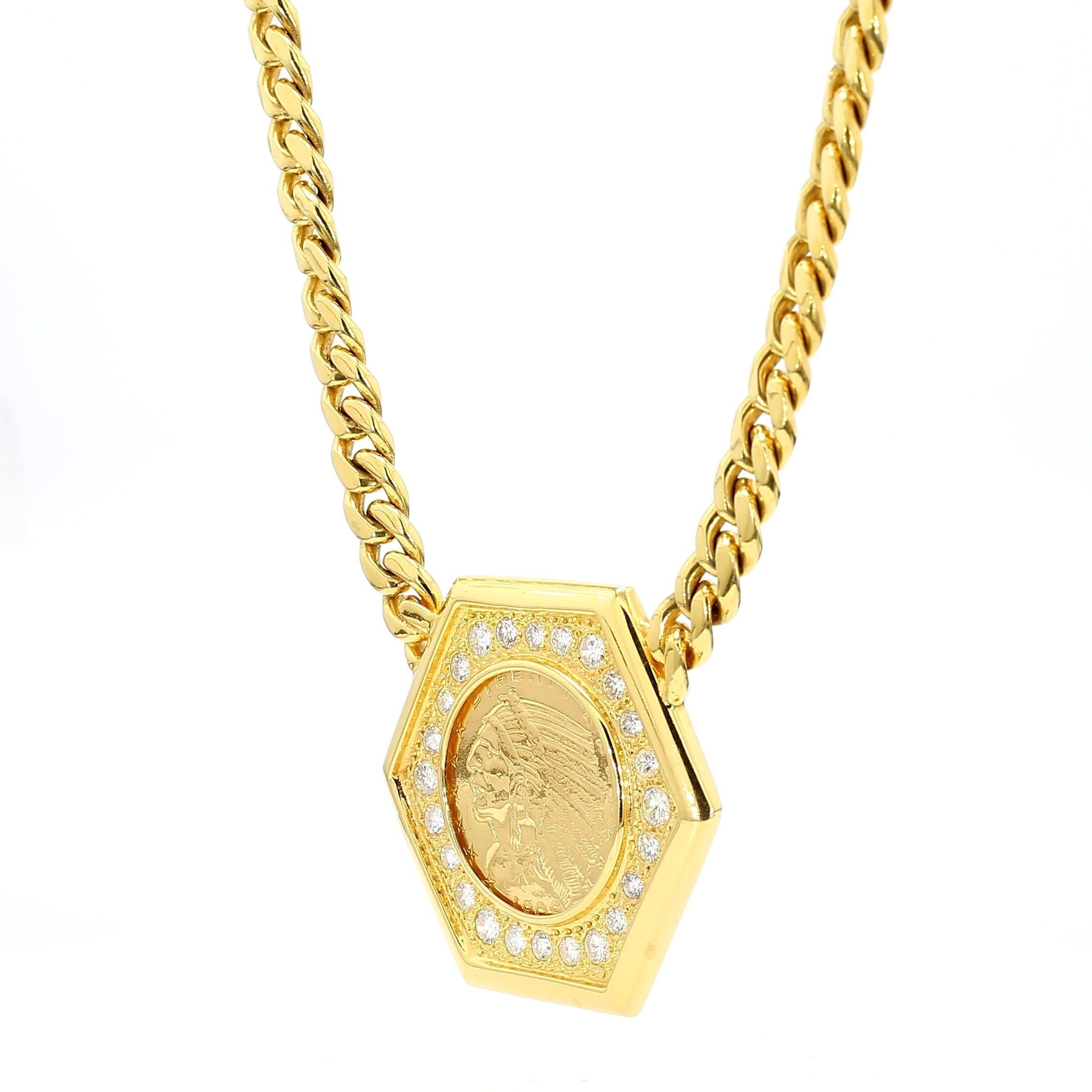 Taille brillant Collier avec pendentif en or en forme de pièce de 5 $ 1909 US Indian Head, or 14K avec diamants en vente