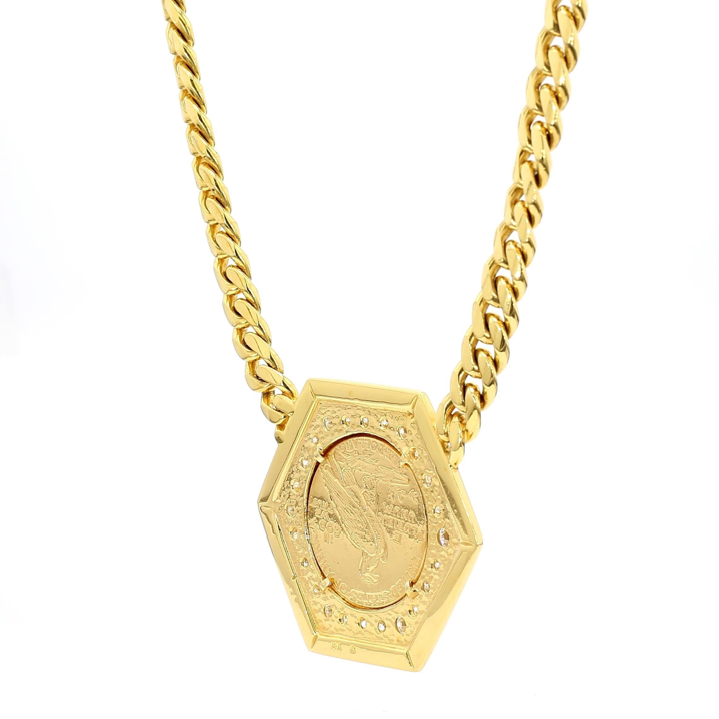 Collier avec pendentif en or en forme de pièce de 5 $ 1909 US Indian Head, or 14K avec diamants en vente 1