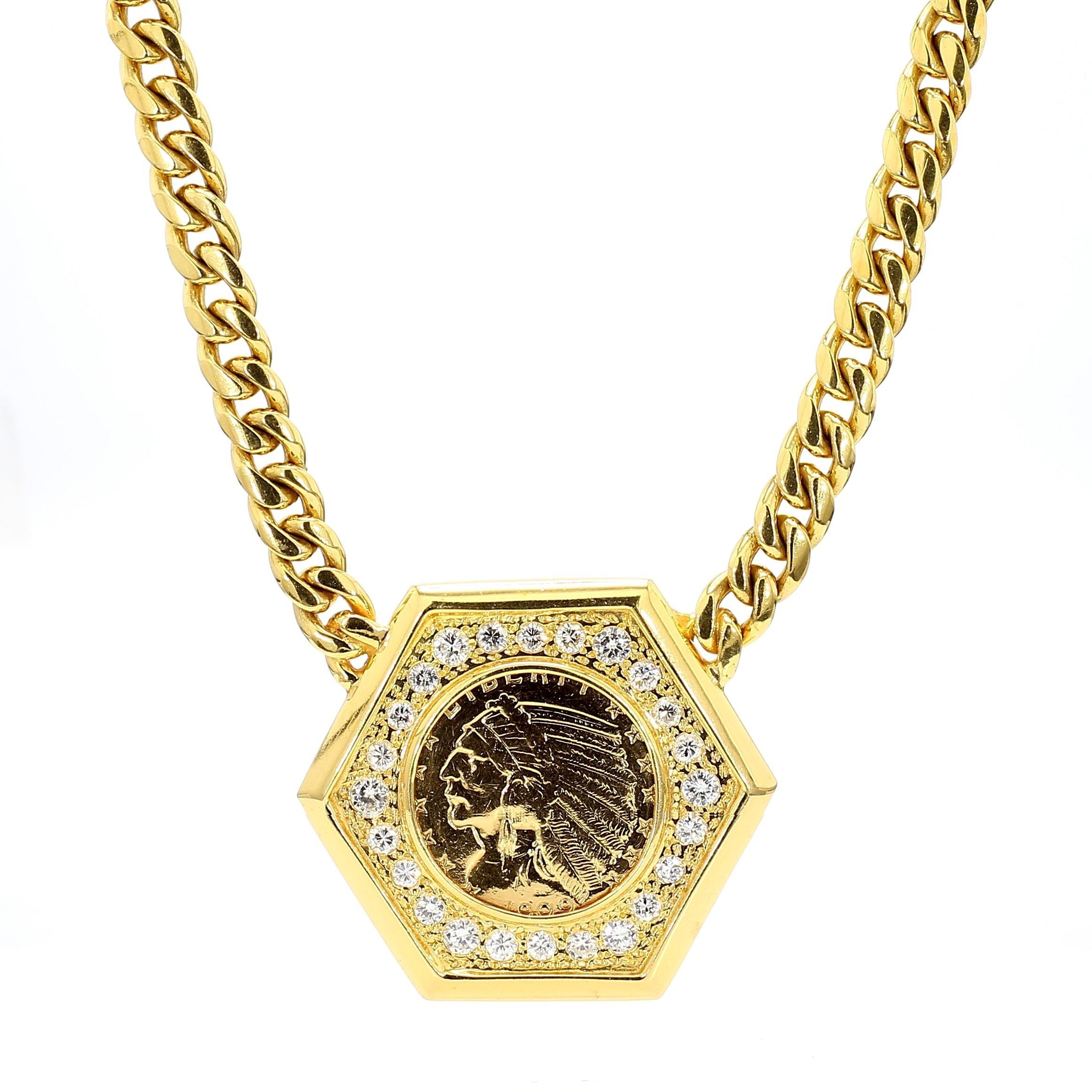 Collier avec pendentif en or en forme de pièce de 5 $ 1909 US Indian Head, or 14K avec diamants en vente 3