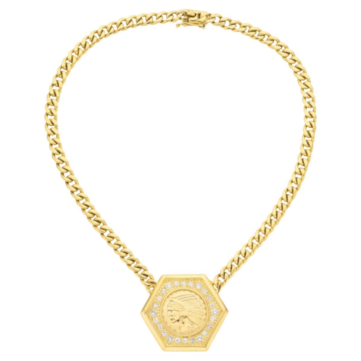 Collar colgante de moneda de oro de 5 $ de 1909 US Indian Head, oro de 14 quilates con diamantes
