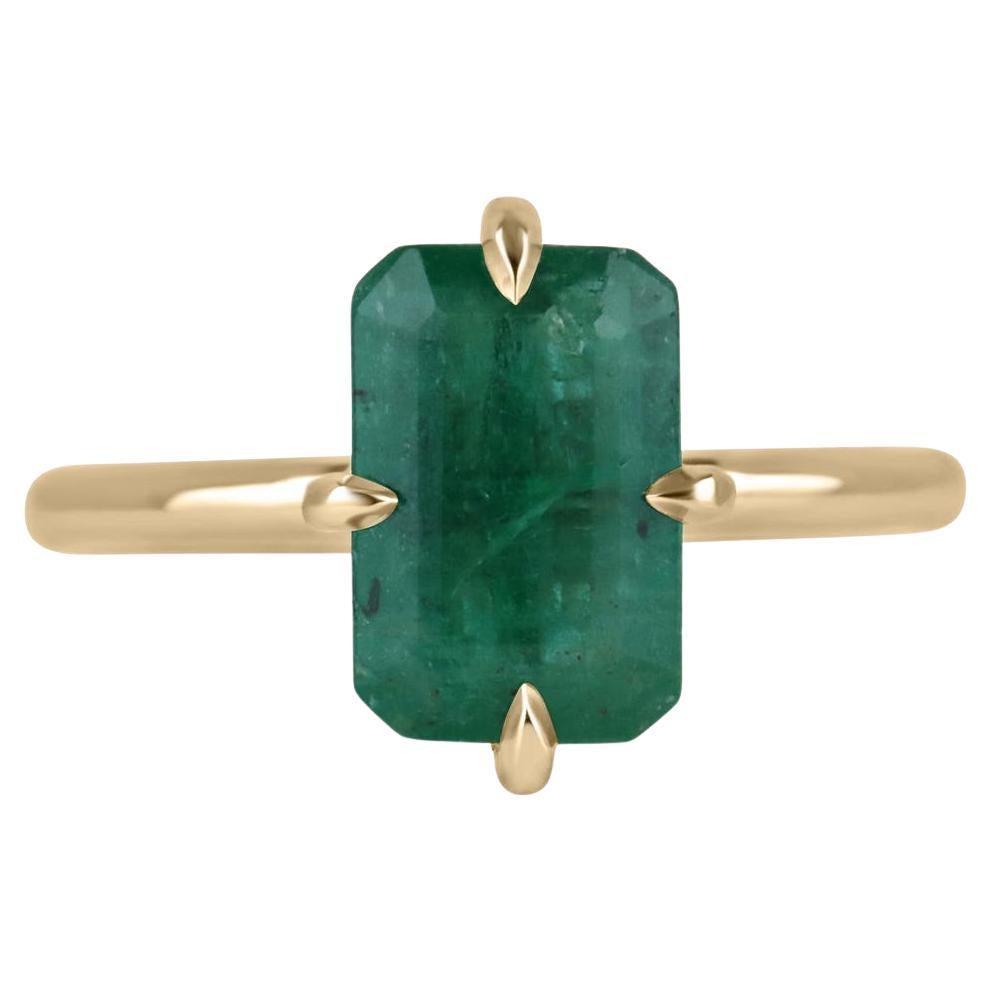 1.90ct 14K Dark Green Emerald Cut Solitaire Ring Vertical Prong Gold Band