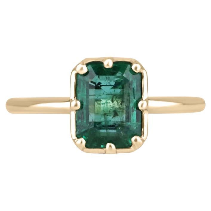 1.90ct 14K Deep Green Emerald Solitaire Ring Emerald Cut Georgian Style 585 Gold
