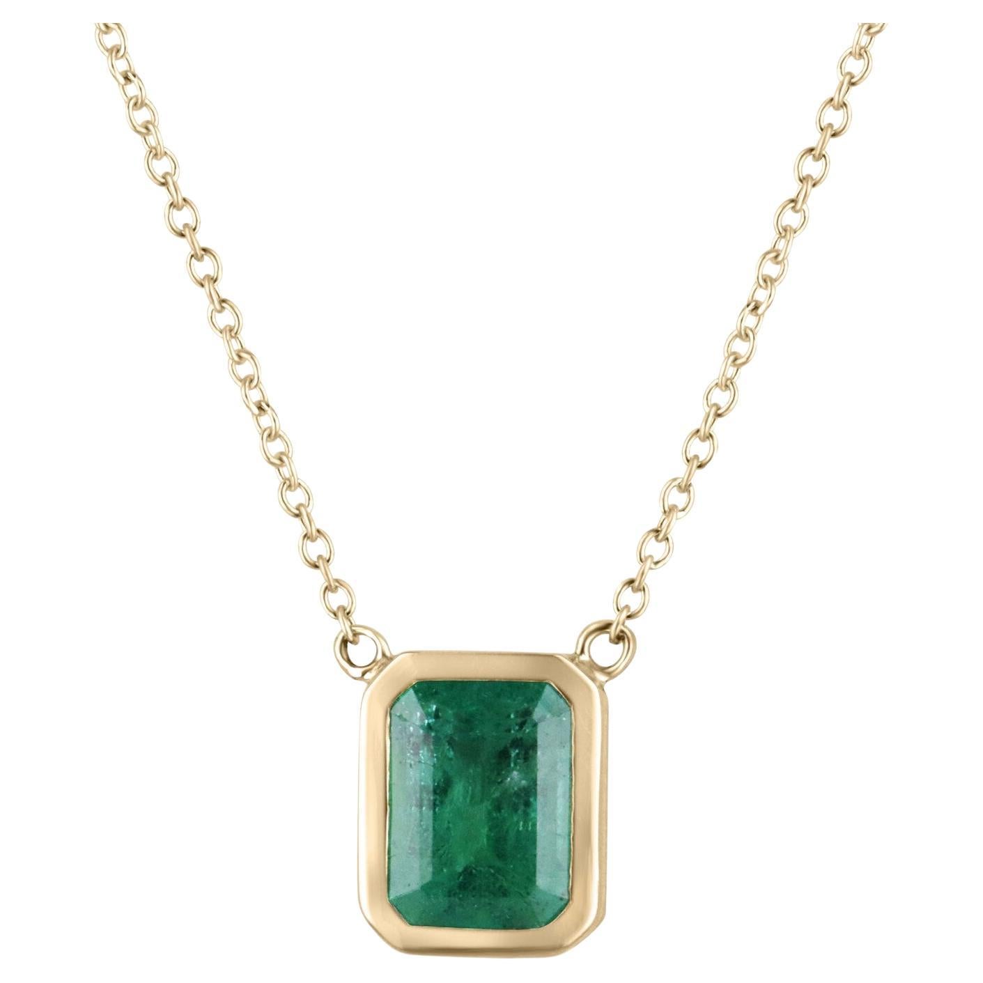 1.90ct 14K Natural Emerald Cut Emerald Bezel Women Necklace - Medium Lush Green For Sale