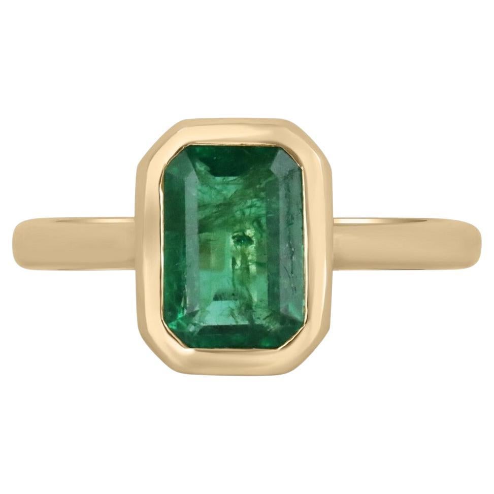 1.90ct 14K North to South Classic Emerald Cut Emerald Solitaire Gold Bezel Ring For Sale
