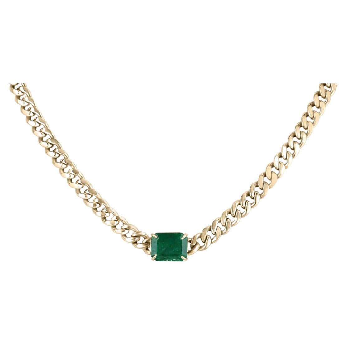 1.90ct 14K Rich Green Emerald Cut Emerald Gold Cuban Link Chain Choker Necklace For Sale