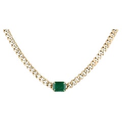 Used 1.90ct 14K Rich Green Emerald Cut Emerald Gold Cuban Link Chain Choker Necklace