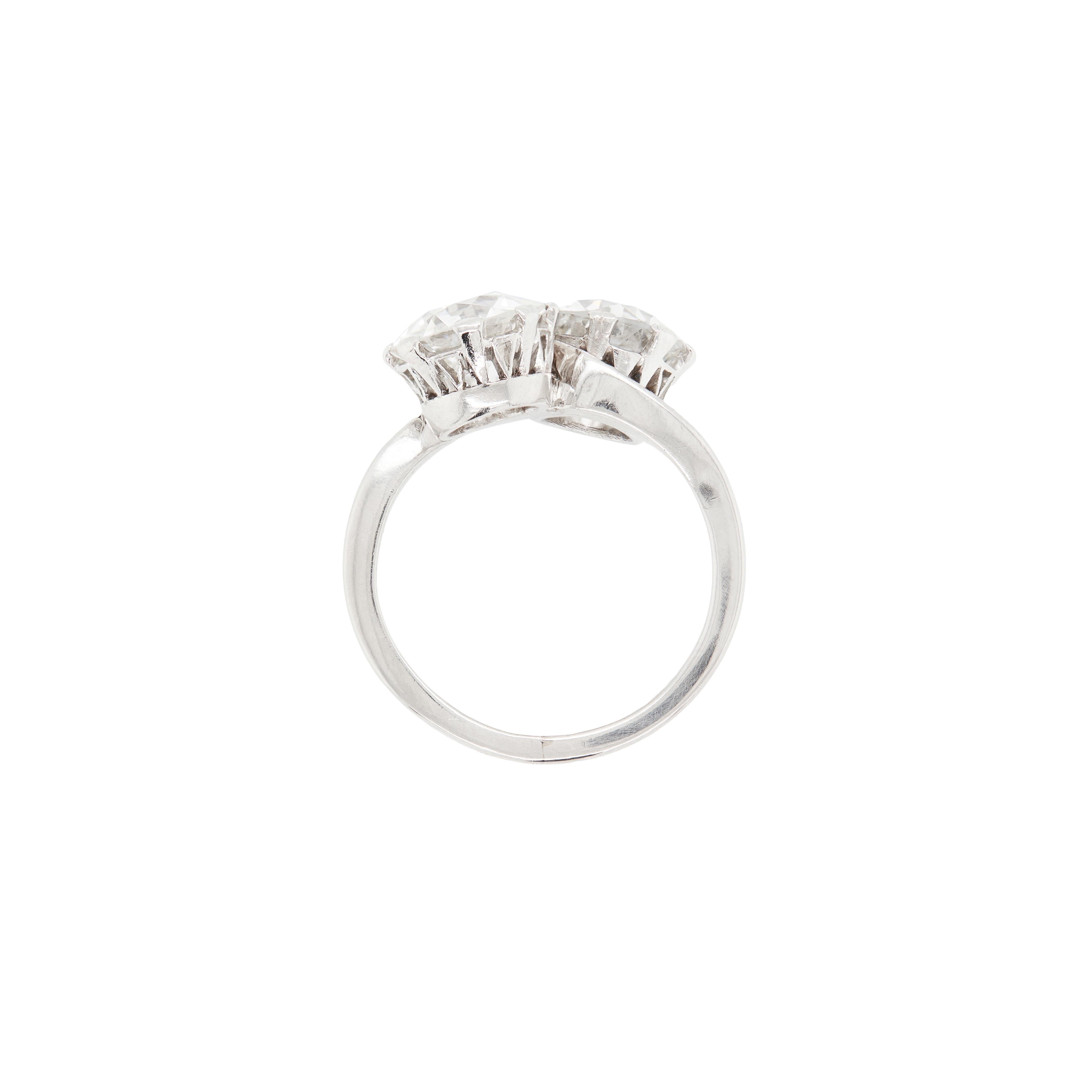 Old European Cut 1.90ct + 2.09ct Old Cut Diamond Toi Et Moi Crossover Platinum Engagement Ring For Sale