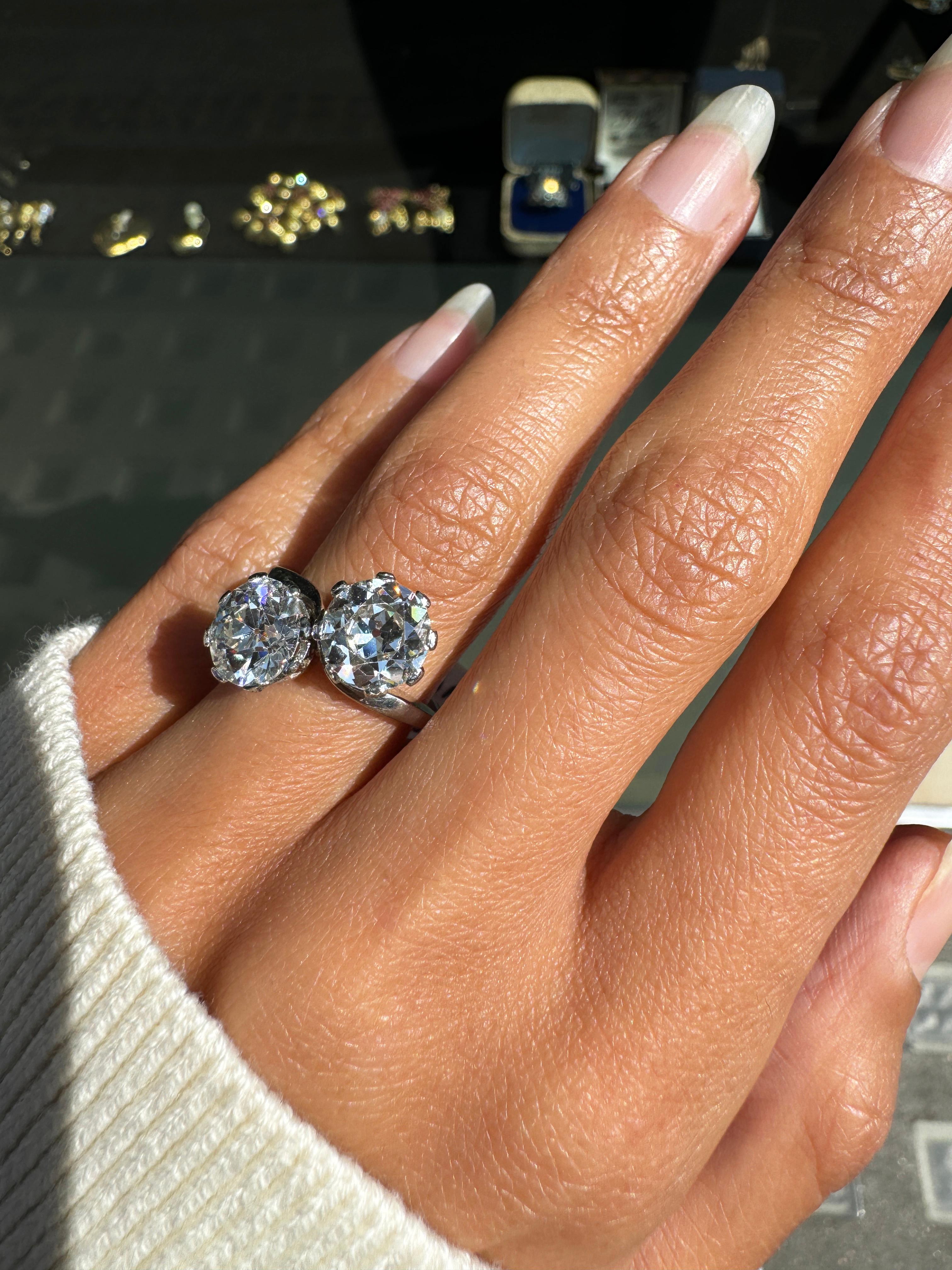 1.90ct + 2.09ct Old Cut Diamond Toi Et Moi Crossover Platinum Engagement Ring For Sale 1