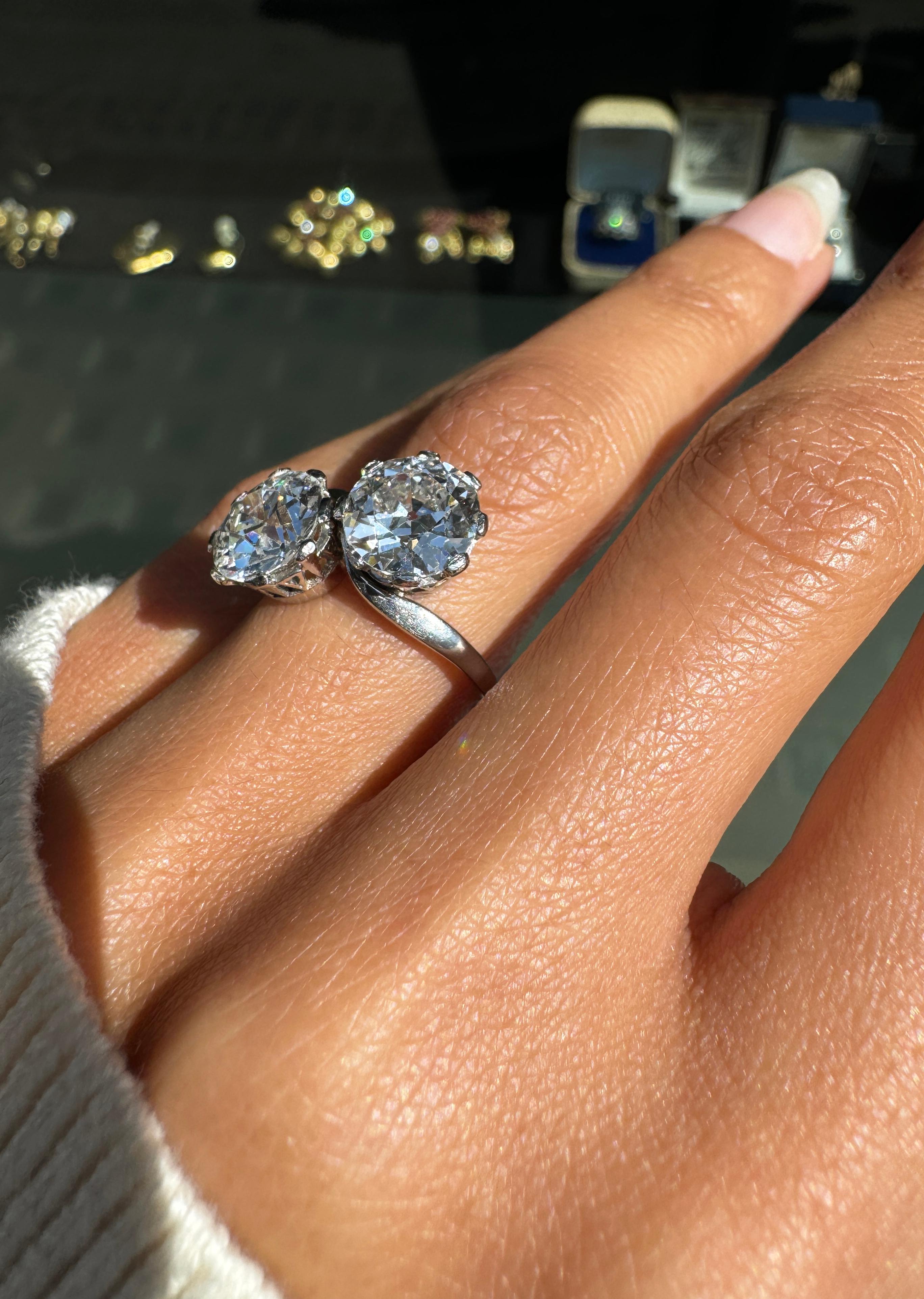1.90ct + 2.09ct Old Cut Diamond Toi Et Moi Crossover Platinum Engagement Ring For Sale 2