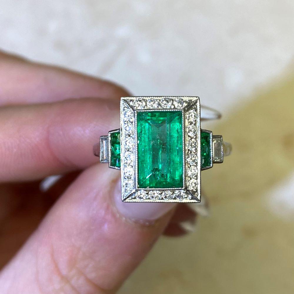 1.90ct Emerald Cut Emerald Engagement Ring, Diamond Halo, Platinum For Sale 5
