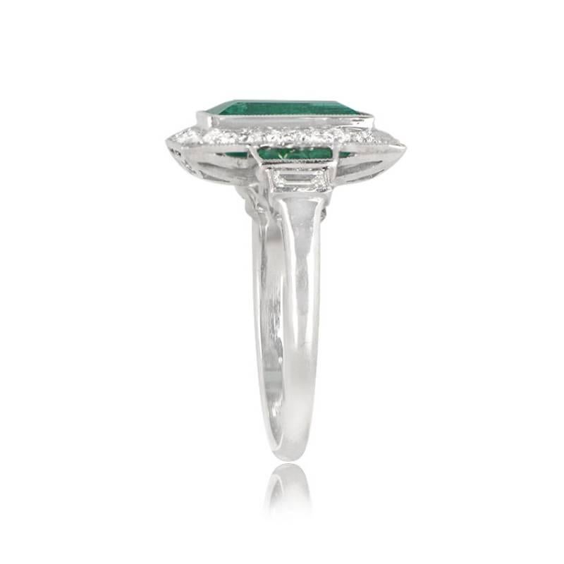 Art Deco 1.90ct Emerald Cut Emerald Engagement Ring, Diamond Halo, Platinum For Sale