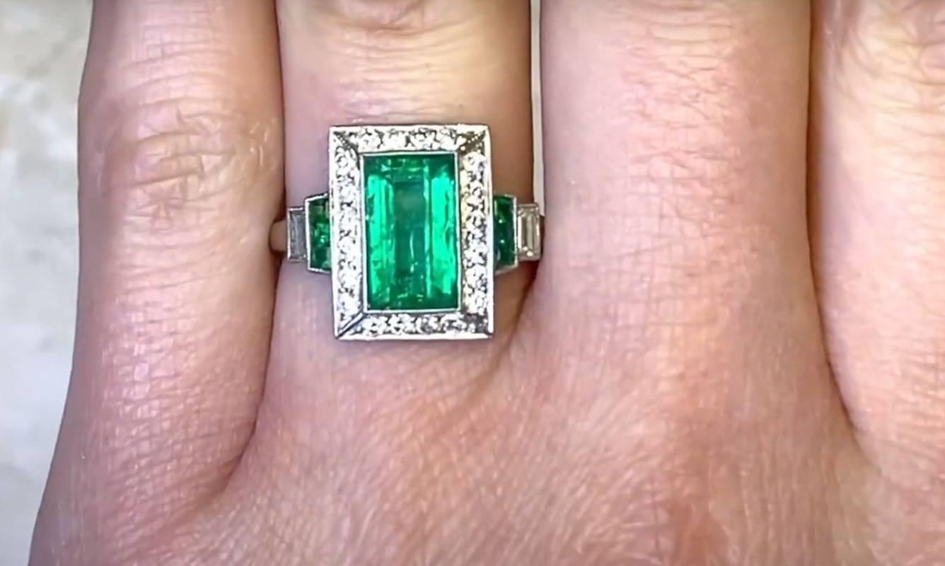 Women's 1.90ct Emerald Cut Emerald Engagement Ring, Diamond Halo, Platinum For Sale
