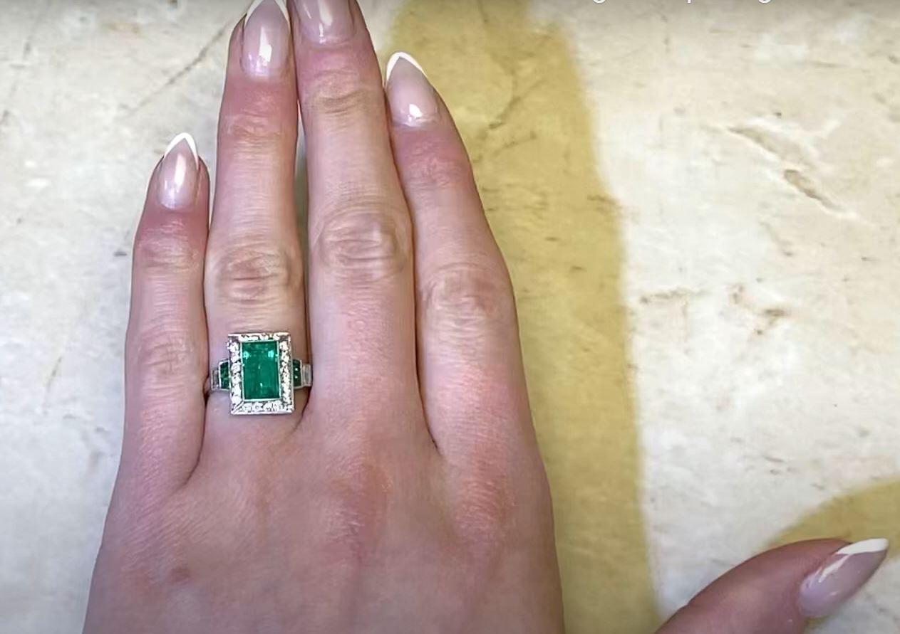 1.90ct Emerald Cut Emerald Engagement Ring, Diamond Halo, Platinum For Sale 4