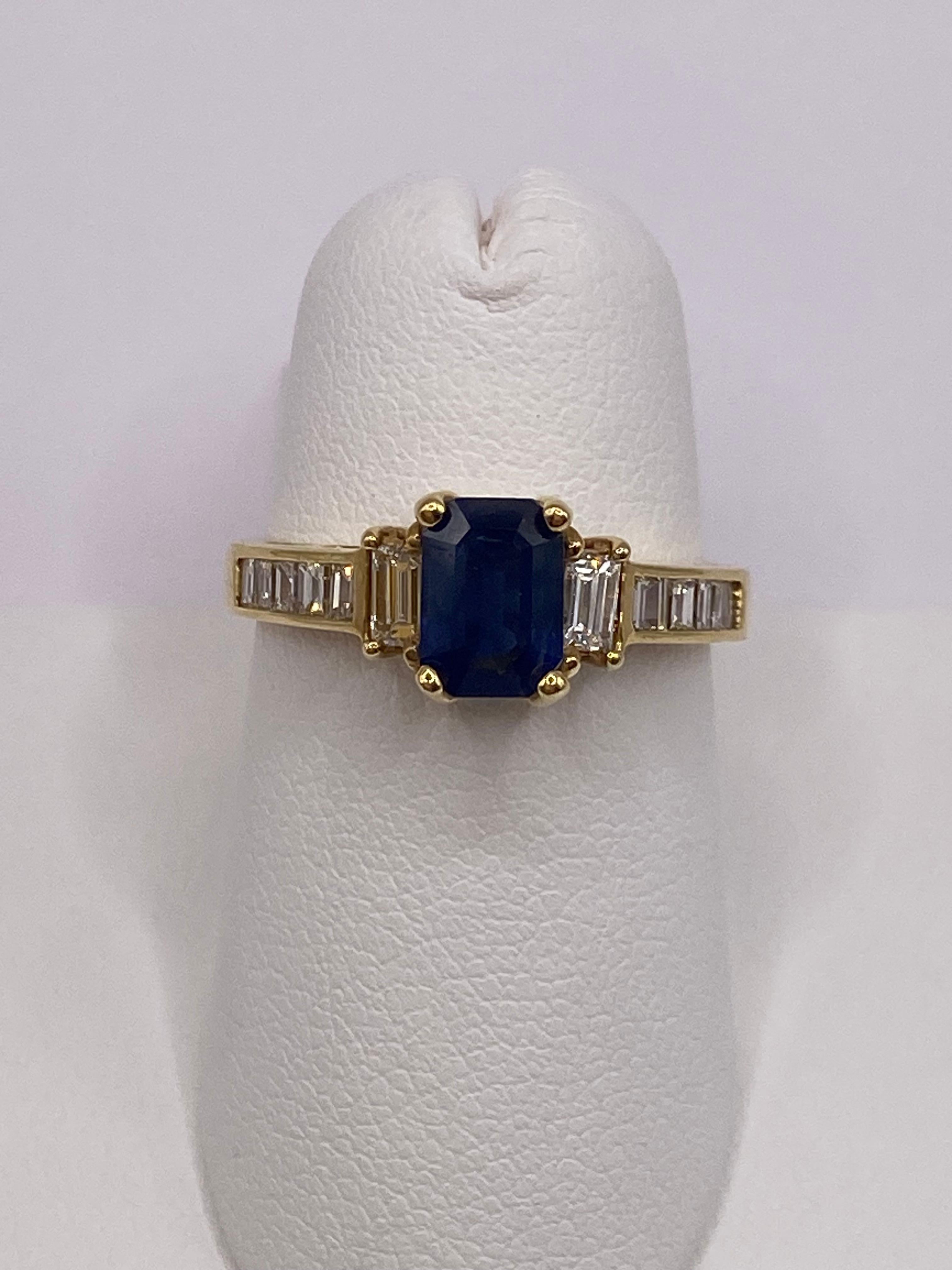 Women's or Men's 1.90ct Emerald Cut Sapphire & Diamond RIng in 18KY Yellow Gold For Sale