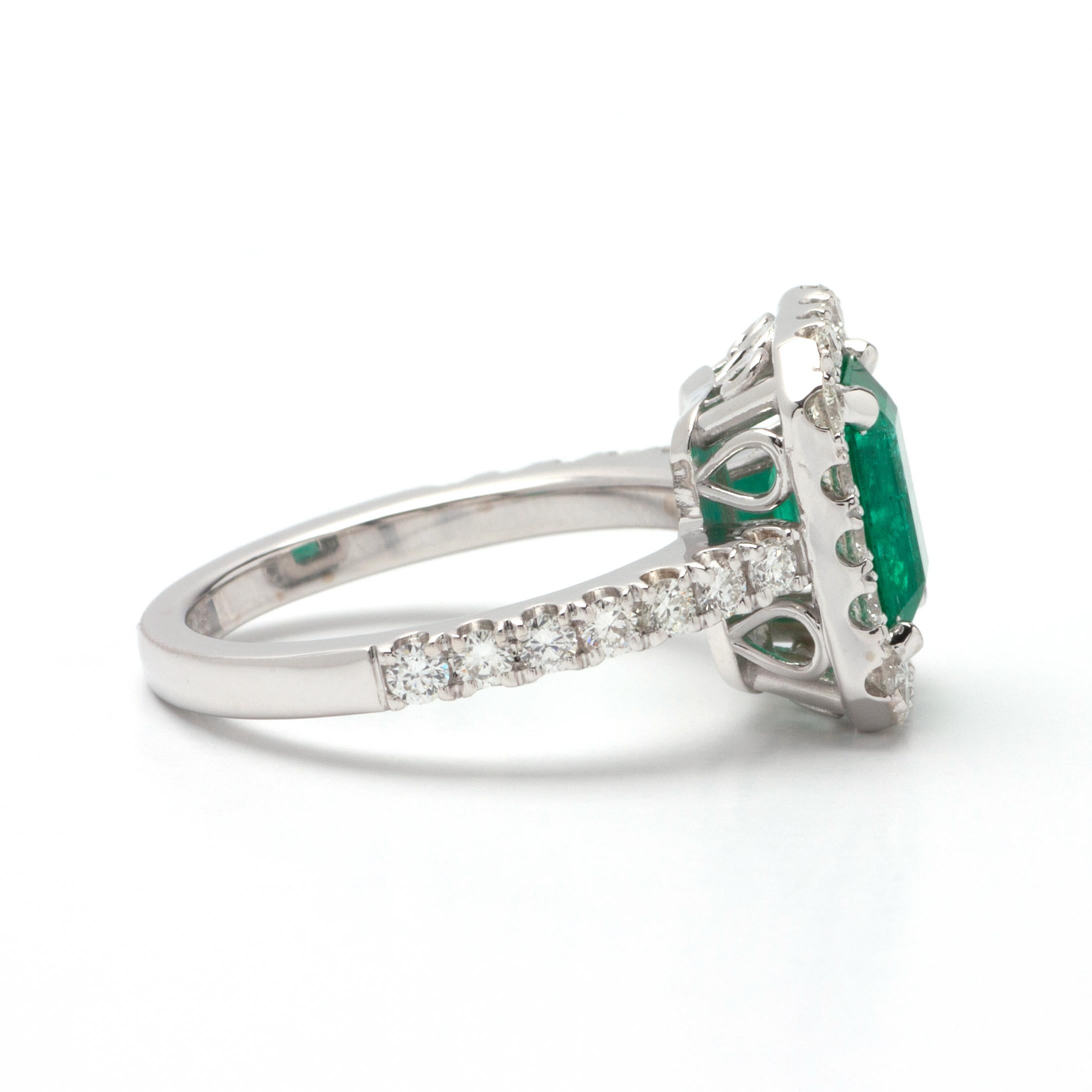 1.90ct Emerald Halo Ring in 14K White Gold; .90ct Side Diamonds In New Condition For Sale In Houston, TX