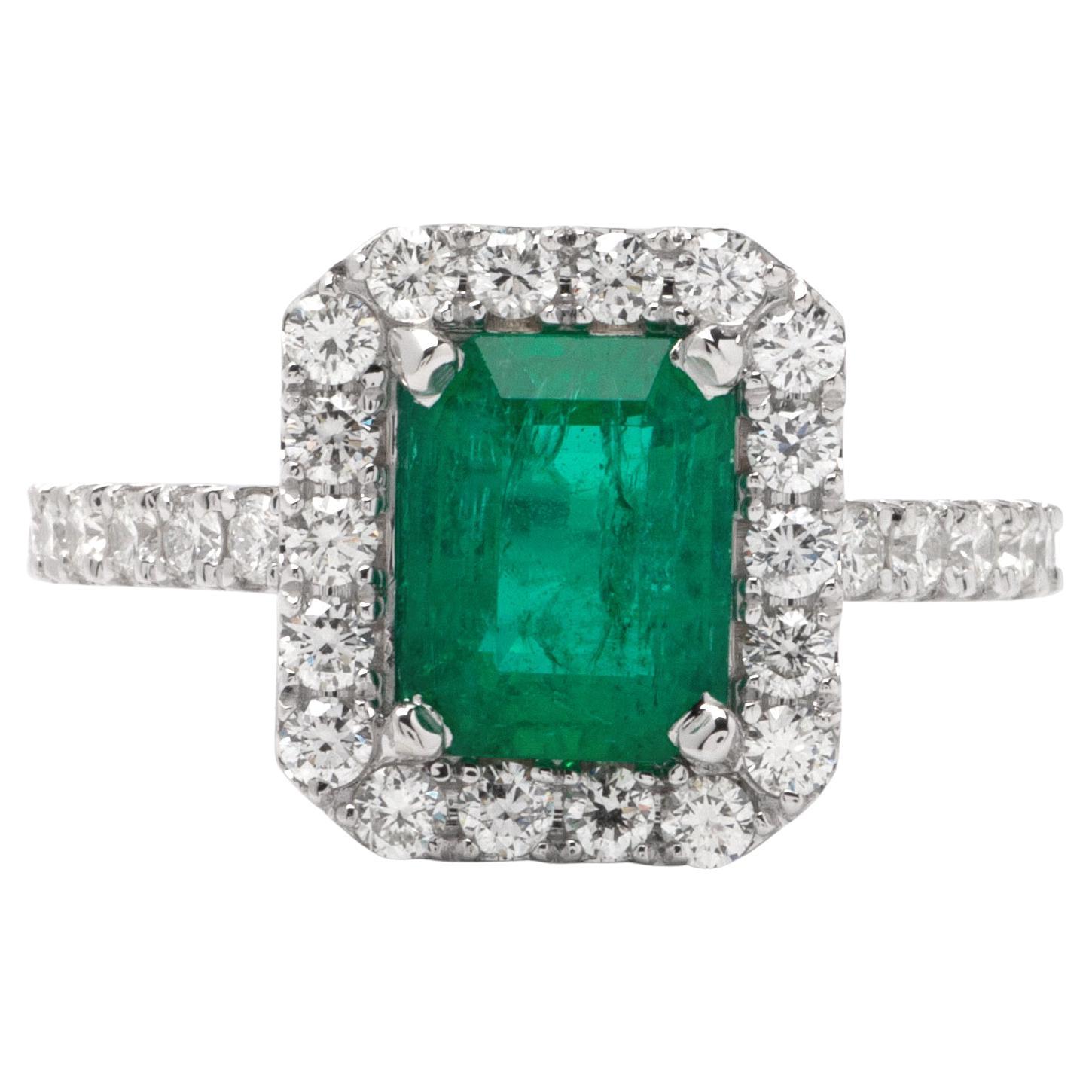 1.90ct Emerald Halo Ring in 14K White Gold; .90ct Side Diamonds