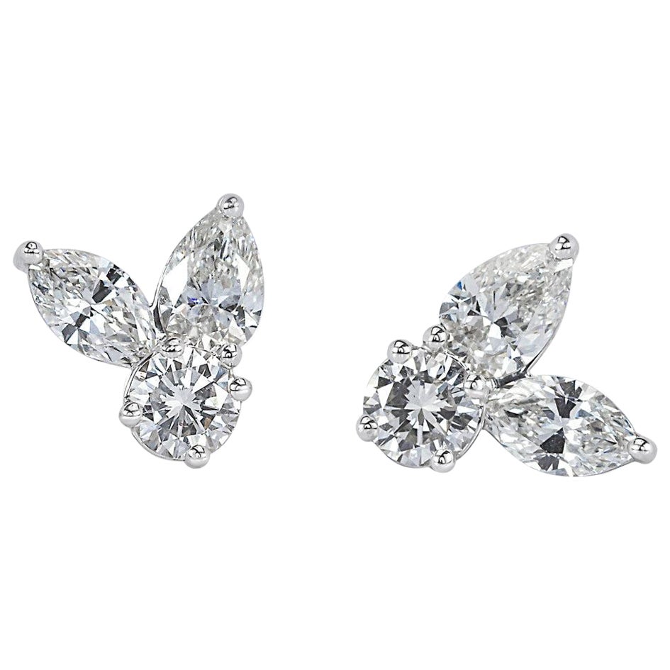 1.90ct Marquise Cut, Pear Shaped and Round Brilliant Cut Diamond Cluster Stud