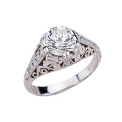 1.90 Carat Round Cut Moissanite Art Deco Ring in 14 Karat White Gold
