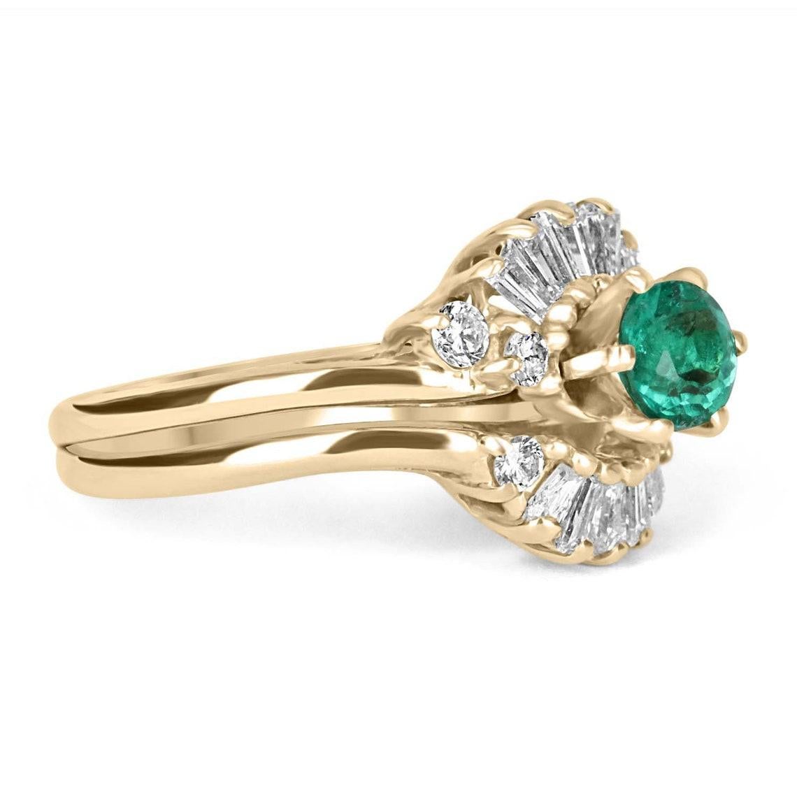 Displayed is a showstopping emerald and diamond ballerina ring, with a total weight of 1.90 carats. The center gemstone is a resplendent, round emerald with incredible eye clarity and color, true to its Colombian origin. Emeralds that come from