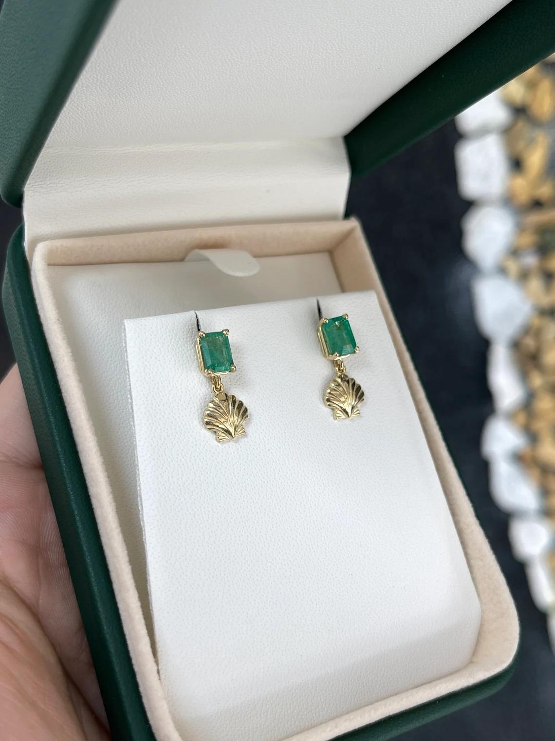 1.90tcw 14K Lush Green Emerald Cut Emerald & Gold Sea Shell Dangle Stud Earrings In New Condition For Sale In Jupiter, FL