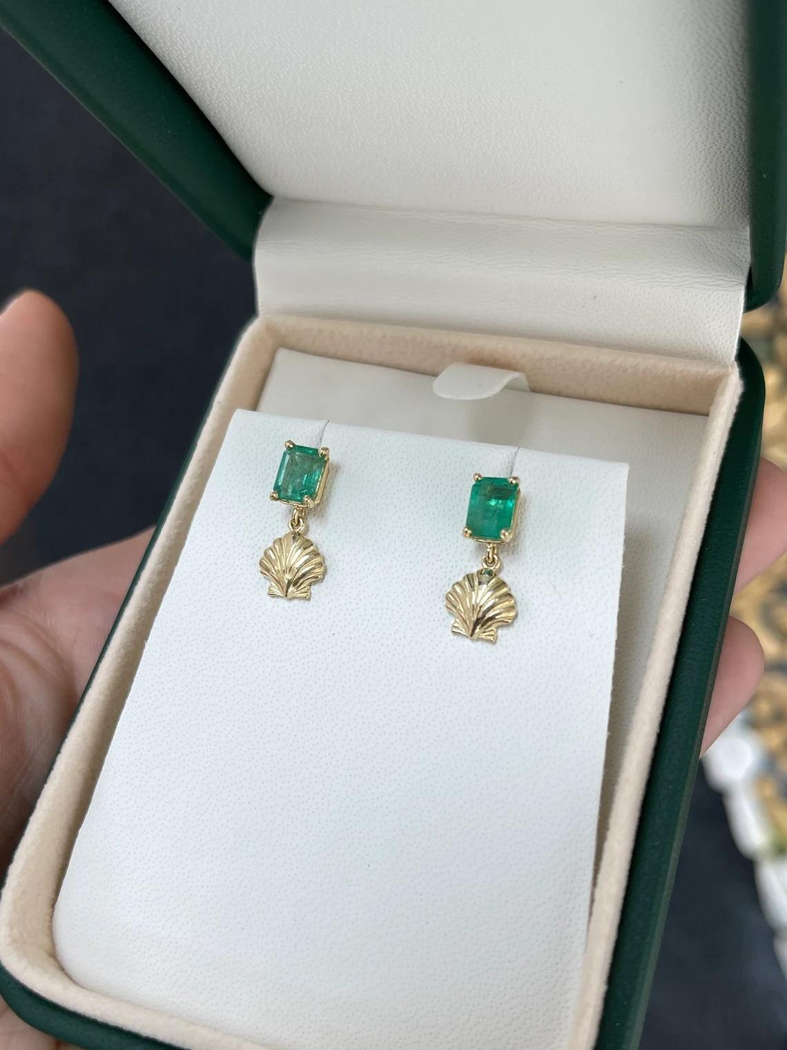 Women's 1.90tcw 14K Lush Green Emerald Cut Emerald & Gold Sea Shell Dangle Stud Earrings For Sale