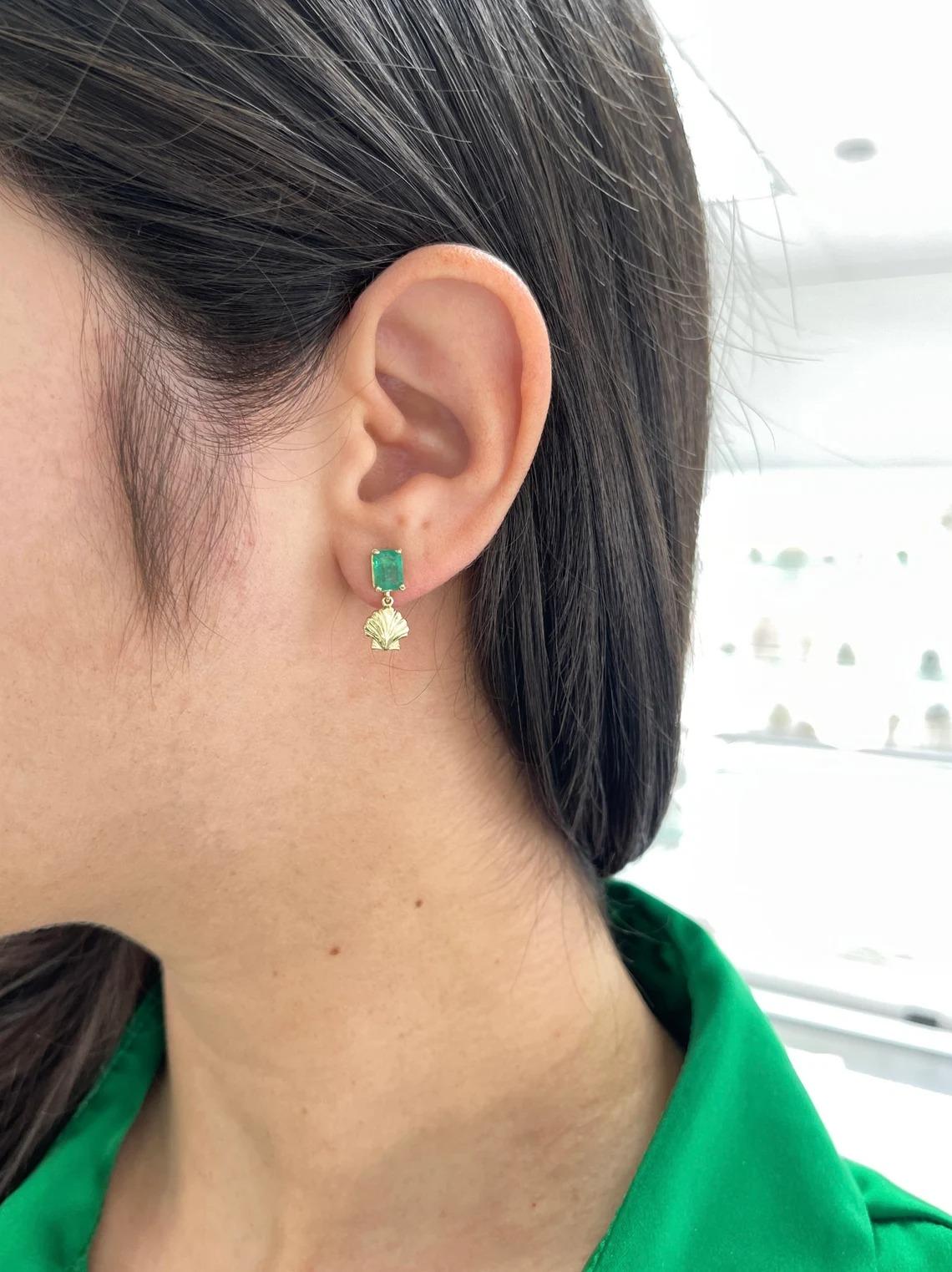 1.90tcw 14K Lush Green Emerald Cut Emerald & Gold Sea Shell Dangle Stud Earrings For Sale 1