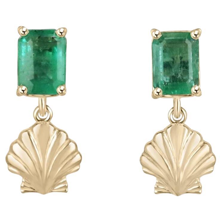 1.90tcw 14K Lush Green Emerald Cut Emerald & Gold Sea Shell Dangle Stud Earrings For Sale