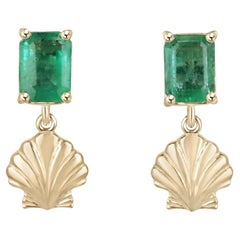 1.90tcw 14K Lush Green Emerald Cut Emerald & Gold Sea Shell Dangle Stud Earrings