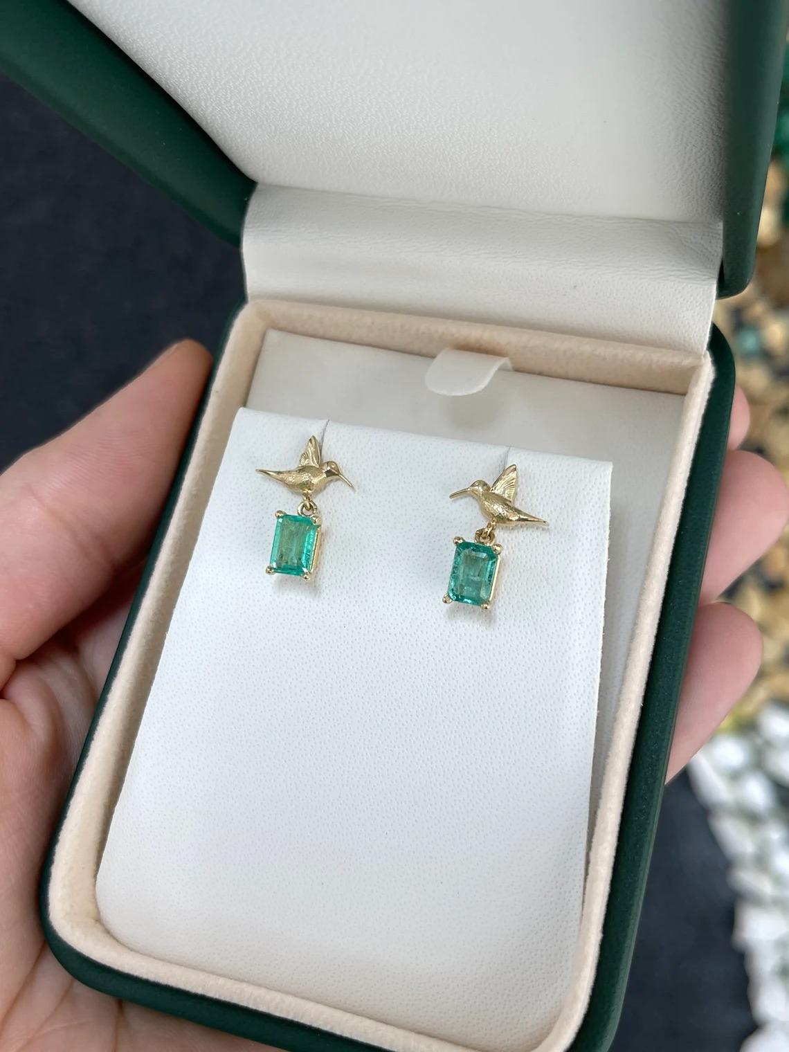 1.90tcw 14K Natural Emerald Cut Emerald & Gold Humming Bird Dangle Stud Earrings For Sale 1
