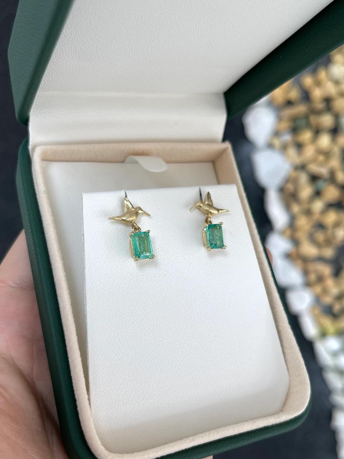 1.90tcw 14K Natural Emerald Cut Emerald & Gold Humming Bird Dangle Stud Earrings For Sale 2