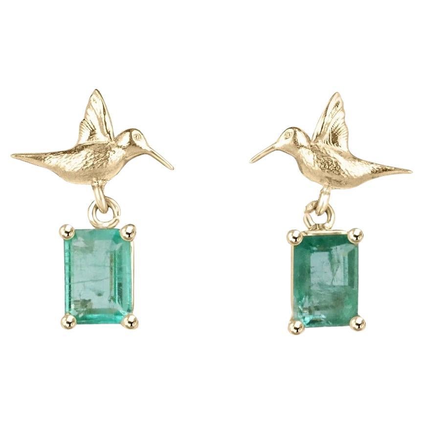 1.90tcw 14K Emerald Cut Natural Emerald & Gold Humming Bird Dangle Stud Ears