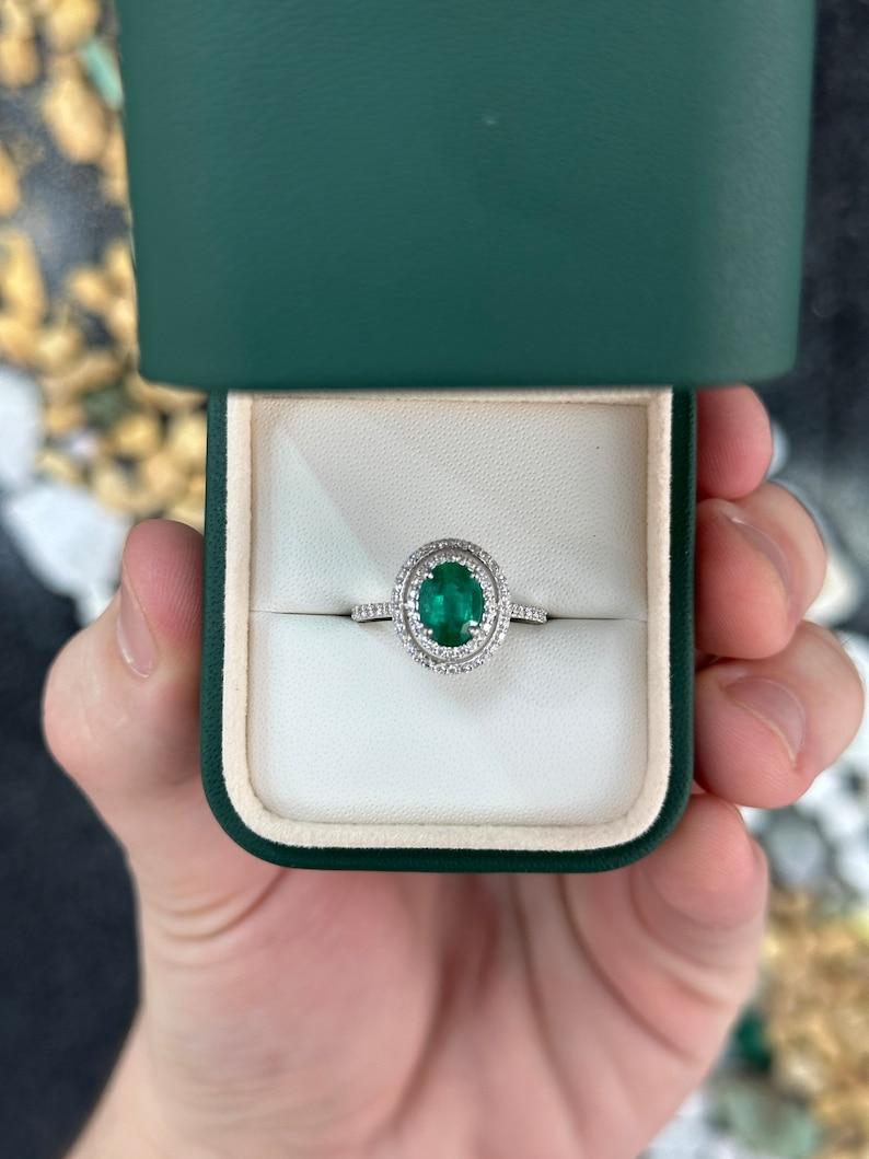 Modern 1.90tcw 14K Natural Oval Emerald & Double Diamond Halo Engagement Ring For Sale