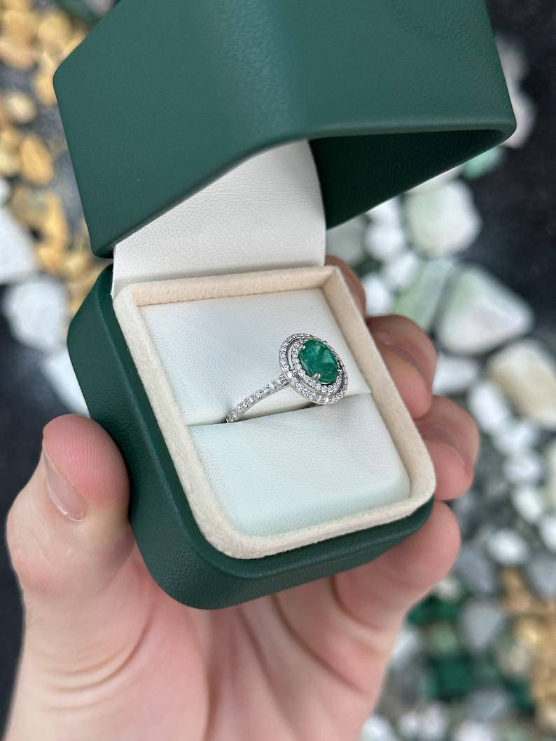 Oval Cut 1.90tcw 14K Natural Oval Emerald & Double Diamond Halo Engagement Ring For Sale