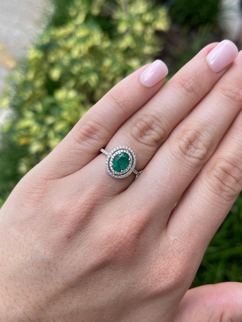 Women's 1.90tcw 14K Natural Oval Emerald & Double Diamond Halo Engagement Ring For Sale