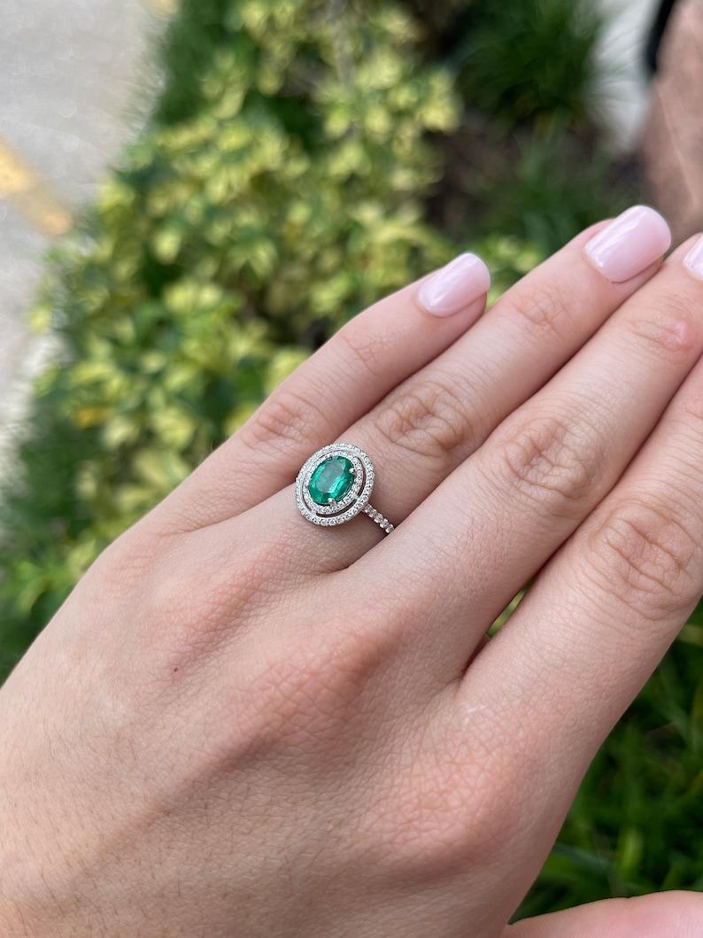 1.90tcw 14K Natural Oval Emerald & Double Diamond Halo Engagement Ring For Sale 2