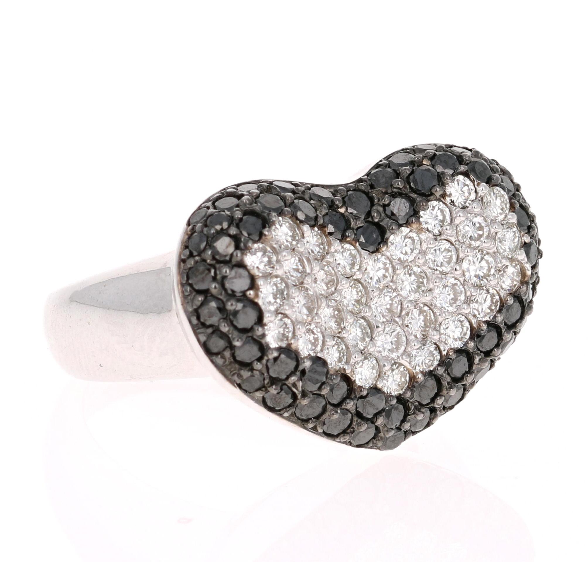 Round Cut 1.91 Carat Black and White Diamond 14 Karat White Gold Cocktail Ring