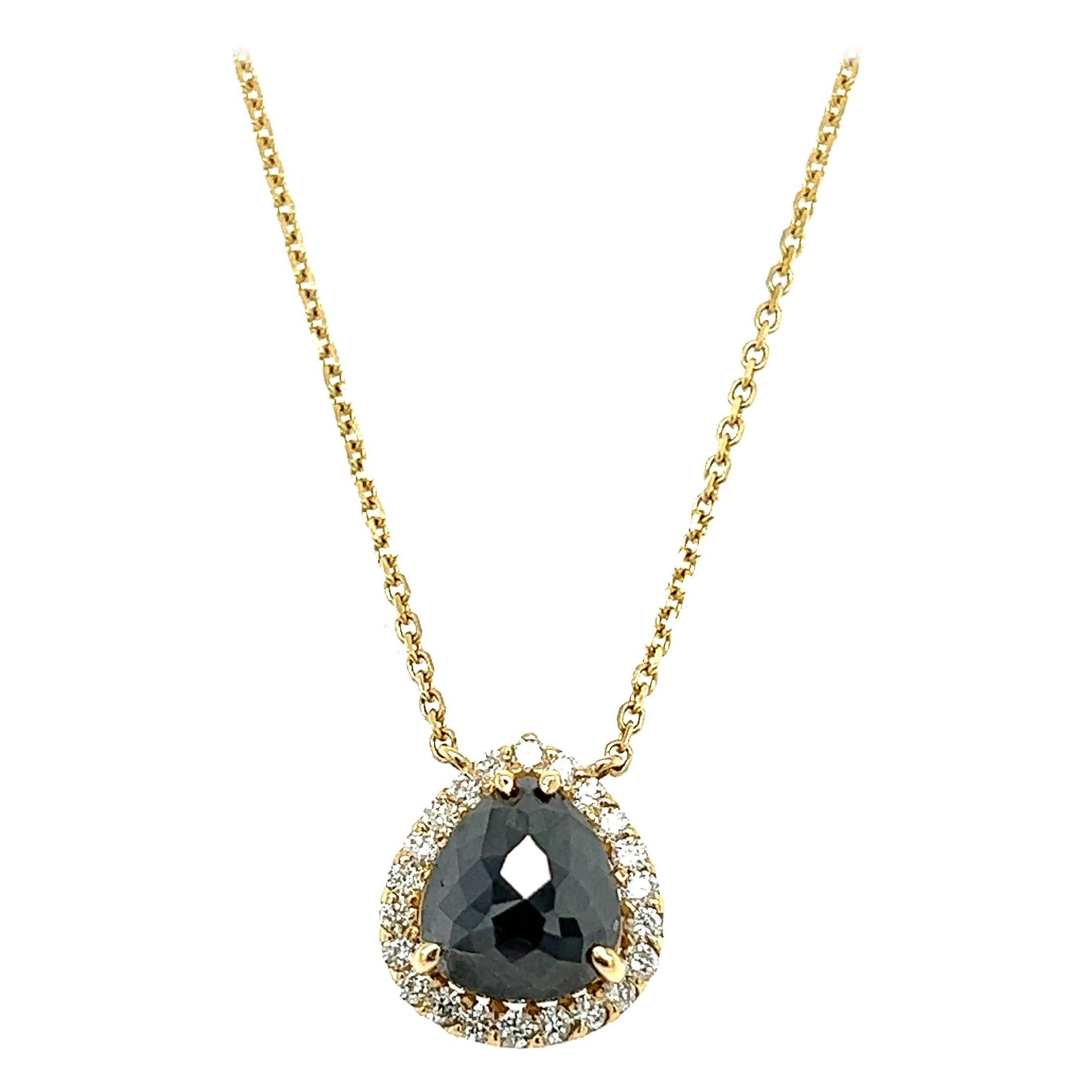1.91 Carat Black Diamond White Diamond Yellow Gold Chain Necklace For Sale