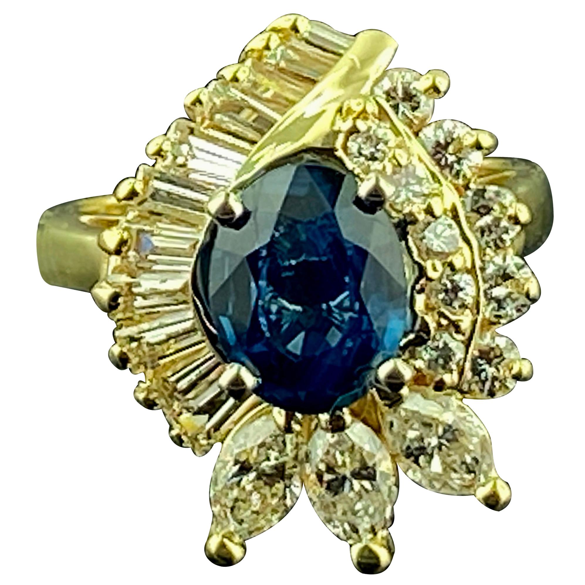 1.91 Carat Blue Sapphire and Diamond Ring in 14 Karat Yellow Gold For Sale