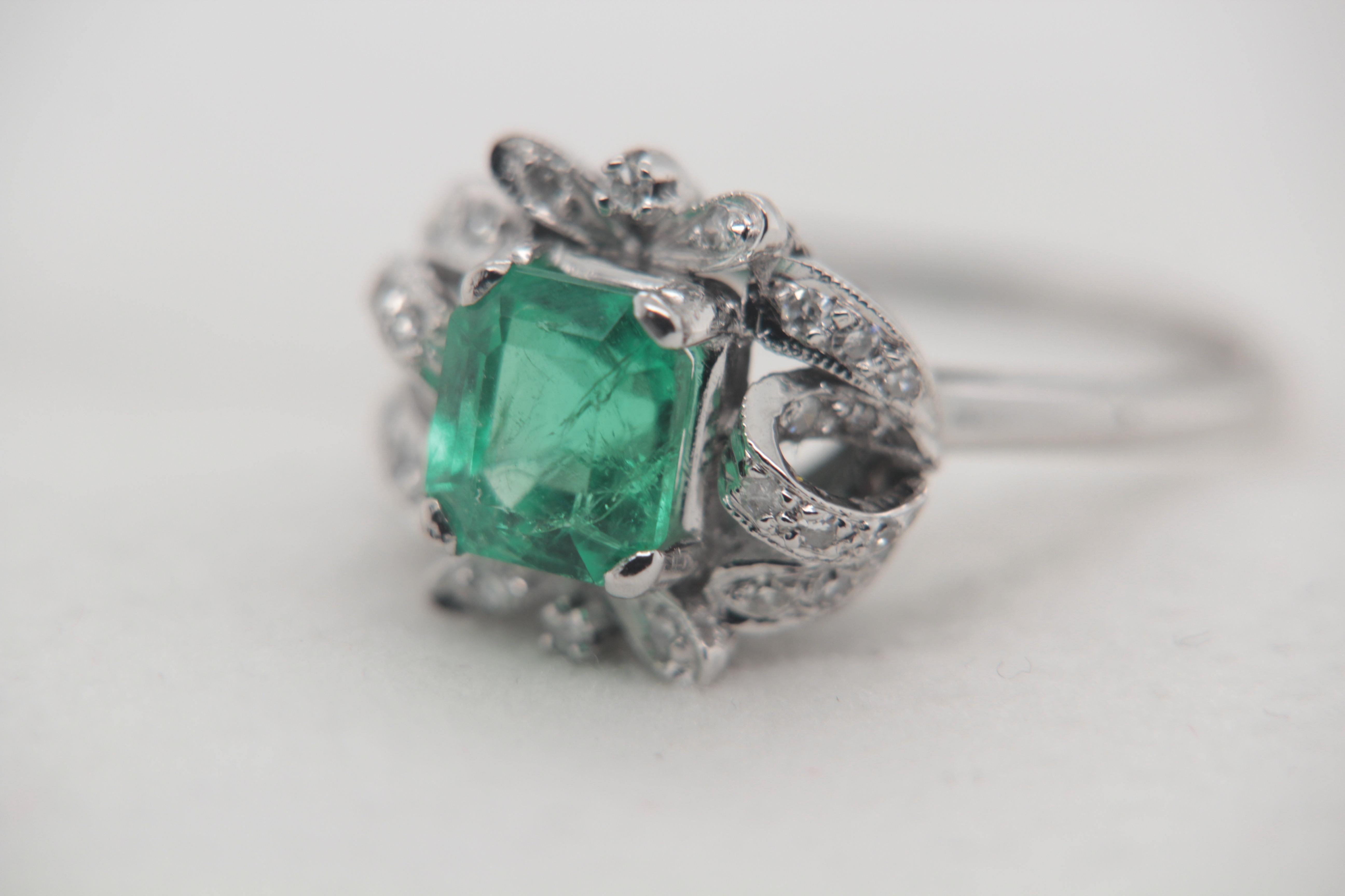 Square Cut 1.91 Carat Colombian Emerald and Diamond Ring in 18 Karat Gold