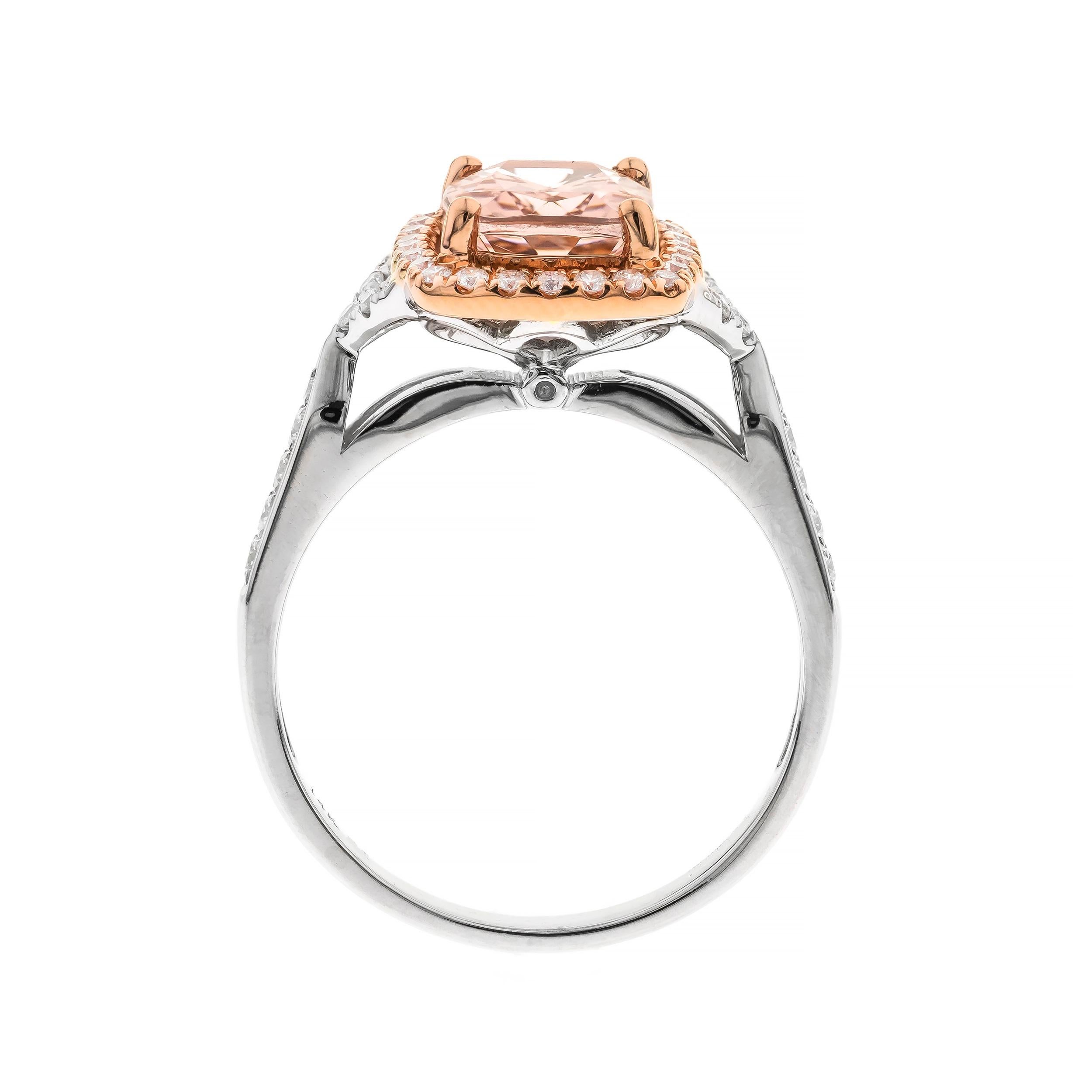 Decorate yourself in elegance with this Ring is crafted from 14-karat White Gold by Gin & Grace. This Ring is made up of 9x7 mm Cushion-Cut (1 pcs) 1.91 carat Morganite and Round-cut White Diamond (42 Pcs) 0.32 Carat. This Ring is weight 4.02 grams.