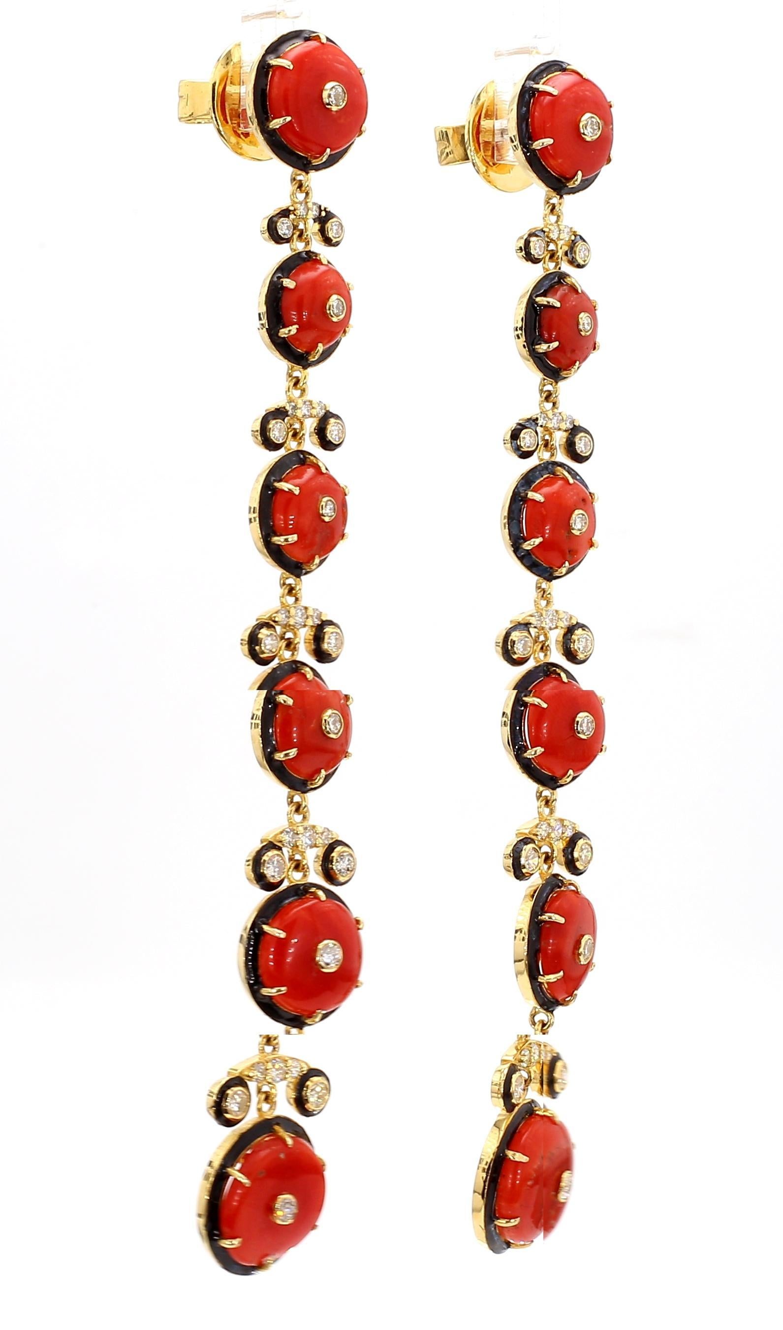 Pendientes de gota de oro de 14 quilates con diamantes y coral de 1,91 quilates en venta 2