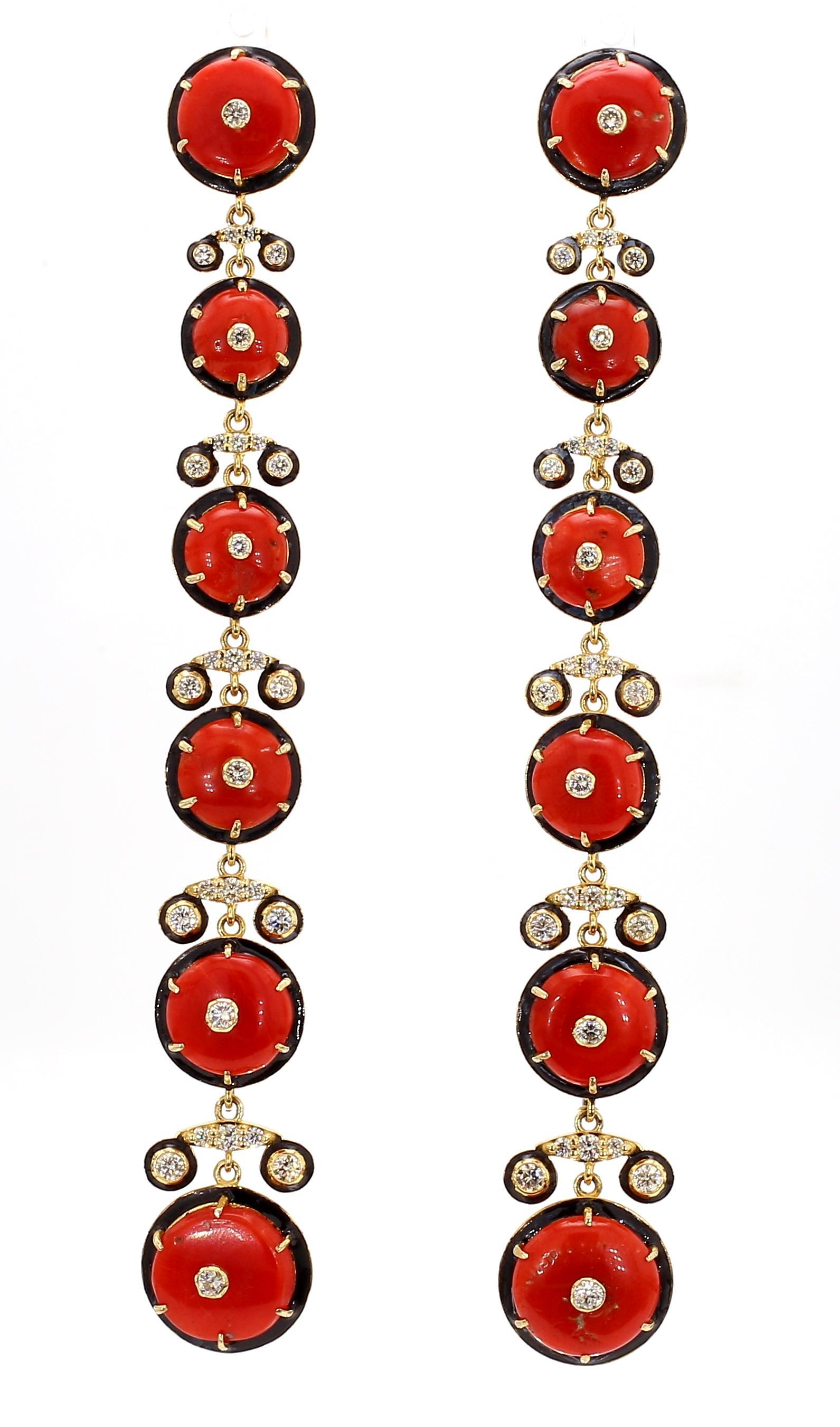 Pendientes de gota de oro de 14 quilates con diamantes y coral de 1,91 quilates en venta 3