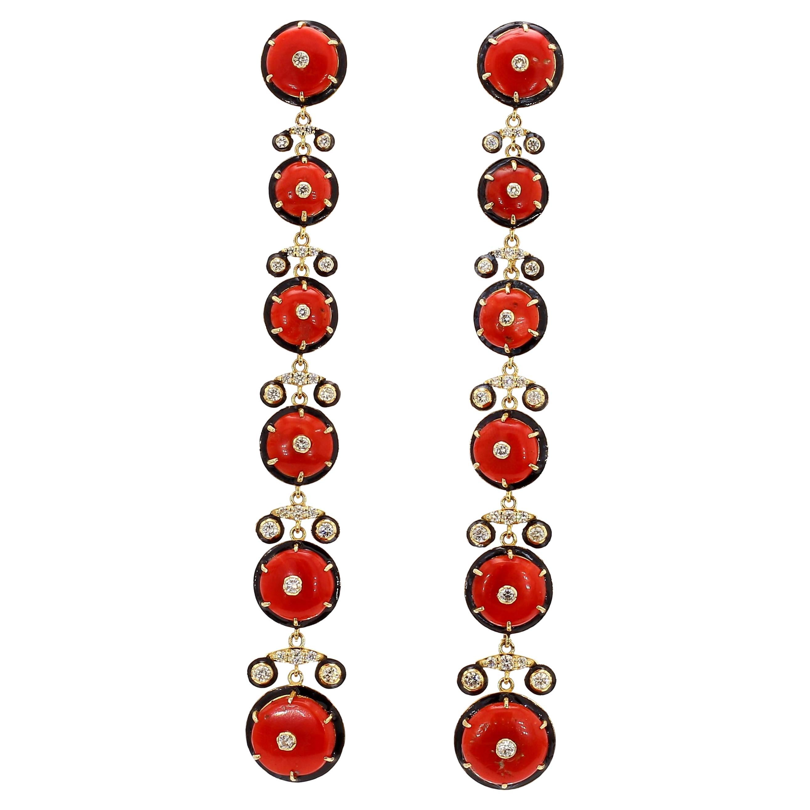 1.91 Carat Diamond and Coral 14K Gold Drop Earrings